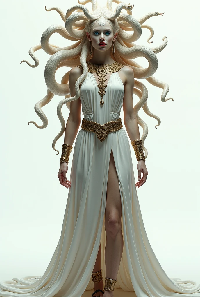 Medusa Greek mythology, (Ancient Greek dress:1.3), (gold and silver accessories, wide collar, bracelets, armlets, bangles, earrings, wide waist belt),
The hair of many snakes, image of a white snake all over, white skin covered with shiny scales, sky blue eyes, slightly open moist lips, small fangs, showing red tongue, thin waist, wide hips, curvy perfect body, ( simple background, white background), (standing with legs open, full body shot), view from below, side view, 
white snake image, BREAK((masterpiece, highest quality, Highest image quality, High resolution, photorealistic, Raw photo, Extremely detailed CG unified 8k wallpaper)), (very hot and sexy, jaw-dropping beauty, perfect proportions, beautiful body, slim body beauty:1.4),