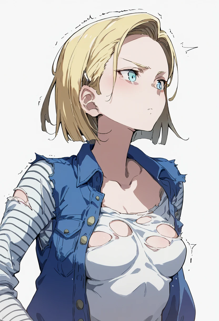 Android18全裸，， Her breasts are so soft, dynamic, and shaking violently， simple background，Android18，score_9, score_8_ up, score_7_ up，，女の子の全身クローズ up，suguha,Clothes are torn