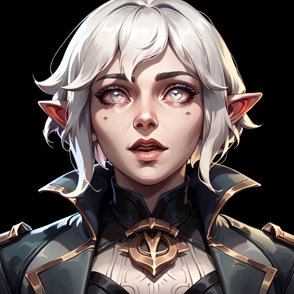 one woman, briar from league of legends, (pale eyes:1.2), (grey skin:1.2), bob haircut, white hair, pointy ears, (upper body:1.3), (black background, clear background:1.5), (grey military jacket:1.2), (studio lights, deep shadows:1.3), (big chest:1.2), (joyful face:1.2)