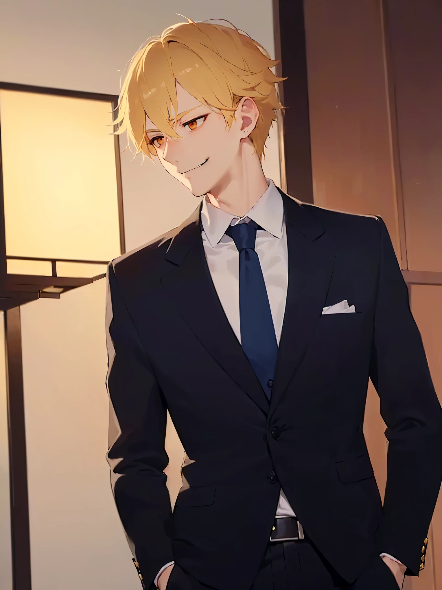 (at night:1.5), masterpiece, best quality, Japanese manga style, upper body, (looking away:1.5), side angle, (25 year old male: 1.5) and (short blonde hair) and (orange eyes), (suit:1.5) and (blue tie), (smirk:1.3), open mouth, inside a ryokan, alone, standing,
