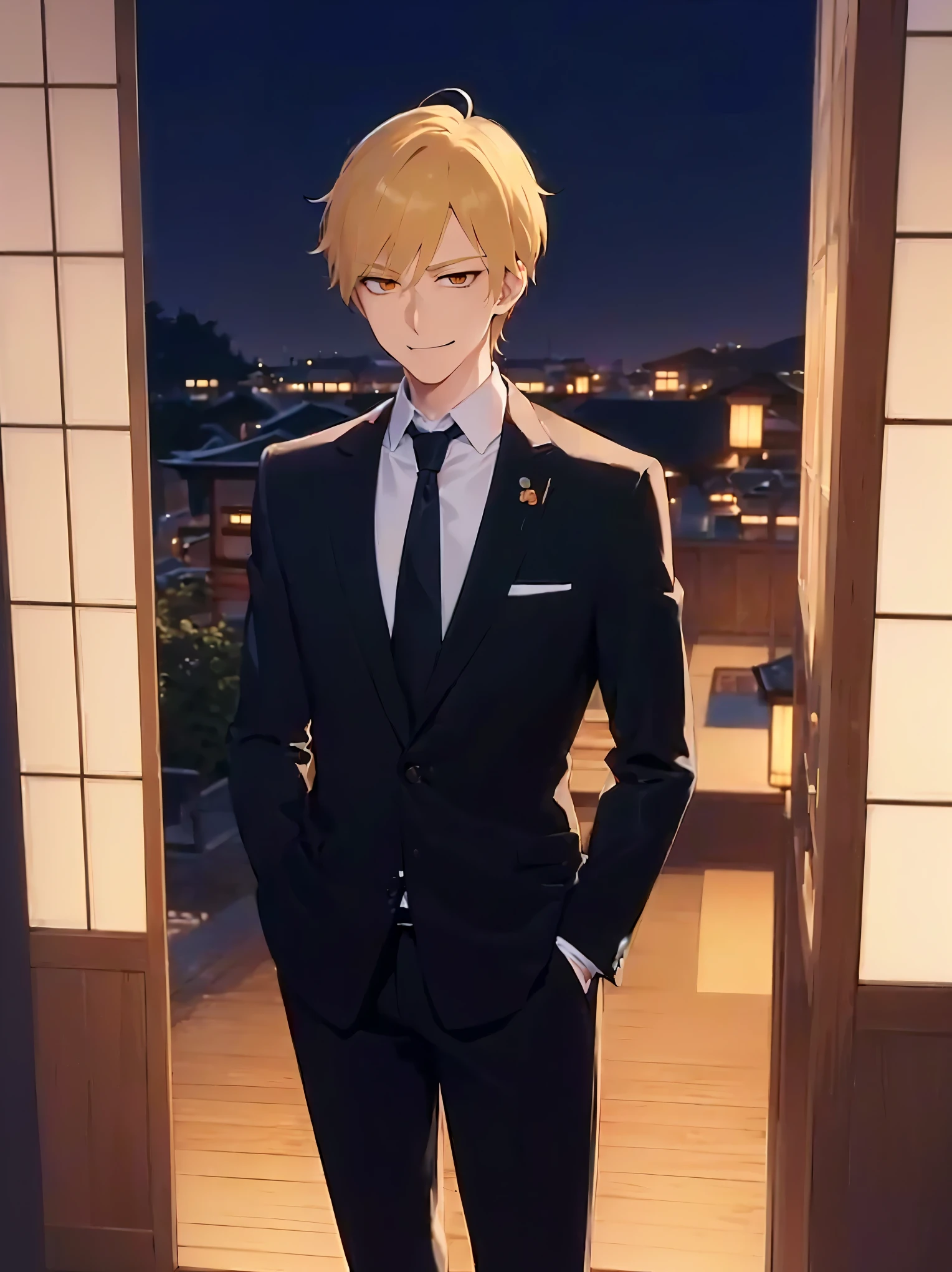 (at night:1.5), masterpiece, best quality, Japanese manga style, upper body, (looking away:1.5), side angle, (25 year old male: 1.5) and (short blonde hair) and (orange eyes), (suit:1.5) and (blue tie), (smirk:1.3), open mouth, inside a ryokan, alone, standing,