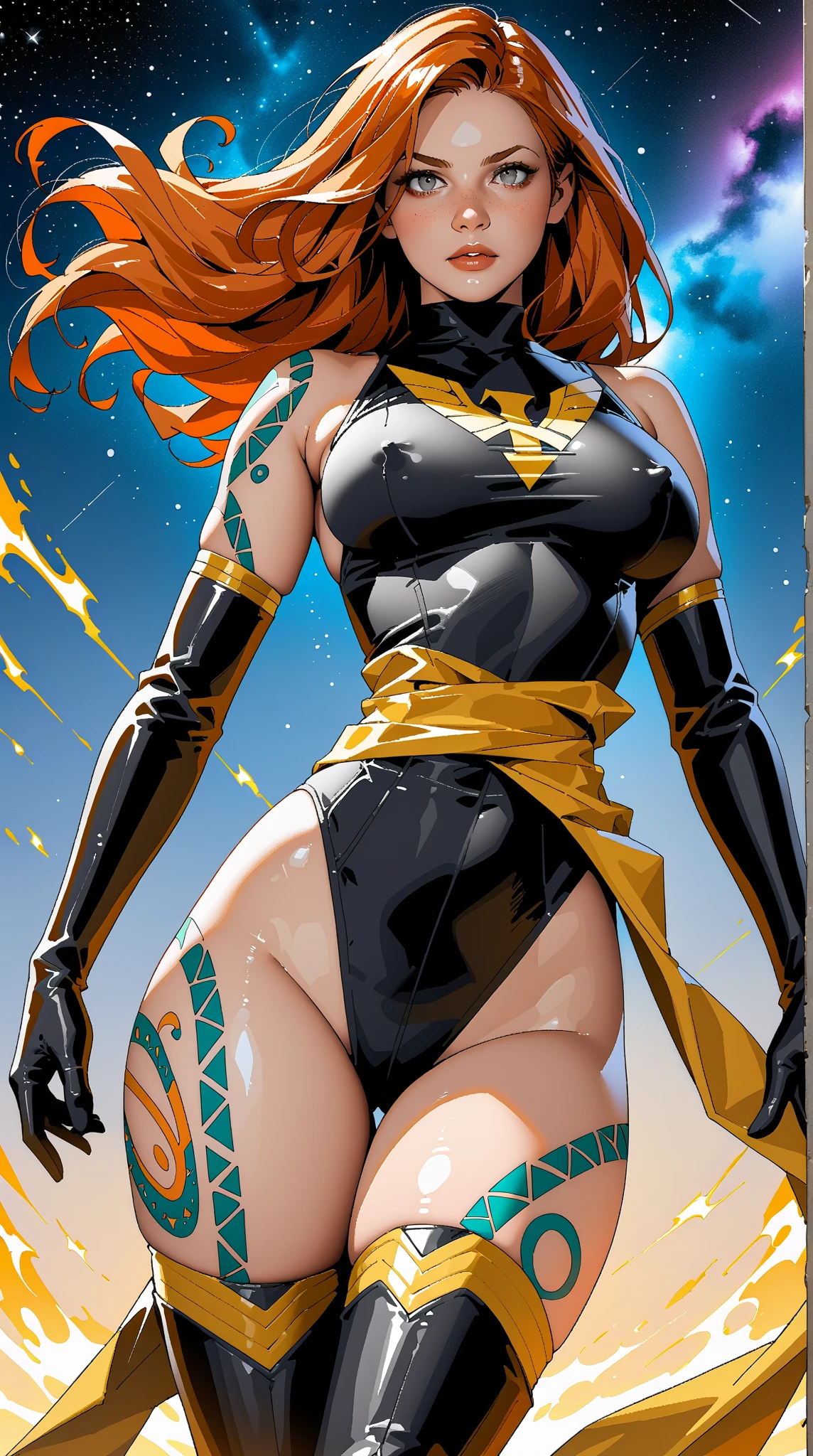 Female mummy, gorgeous face, full body, Cleopatra, all bandaged, ((nearly naked)), ((bandaged arms)), bare belly, navel, thighs, transparent material, Egyptian scratch on head, ((red hair)) with short bangs on forehead, (huge breasts, cameltoe), Bettie Page, ancient Egypt, bathing in the Nile River at night, pyramids in the background, 1 girl