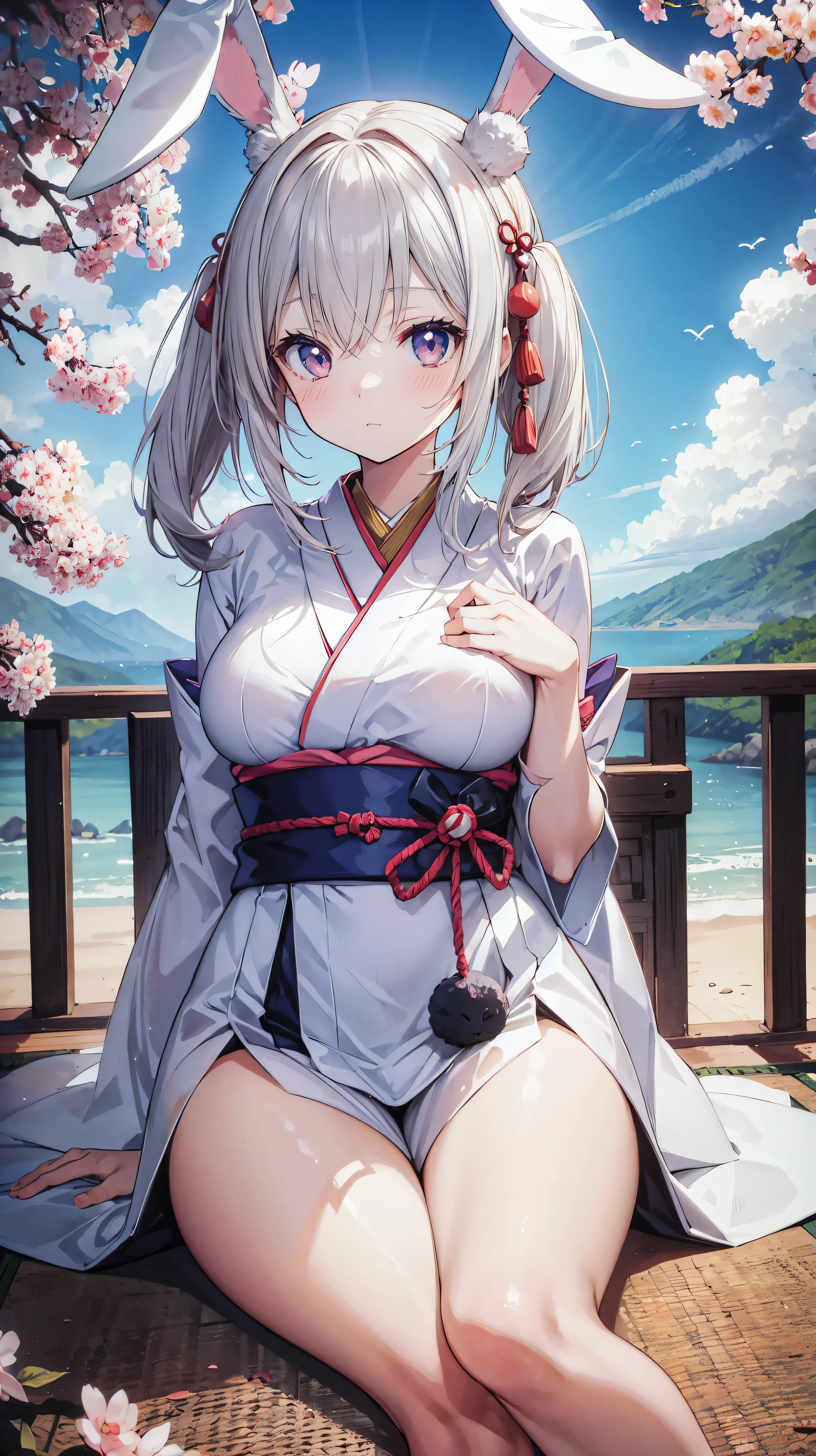 （masterpiece）、(Highest quality)、((Very detailed))、(Very delicate)、Beautiful shiny hair、Beautiful breasts、Gorgeous Japanese clothing、Her shoulders were exposed.、Cleavage、Looking up from below、By the pond at night、Amazing starry sky、Fantastic Moon、Blooming cherry blossoms