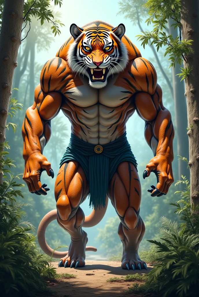 (photorealism:1.2), ((master piece)) a muscular yellow tiger posing and wearing big butt underwear in the night forest from behind, Digital art