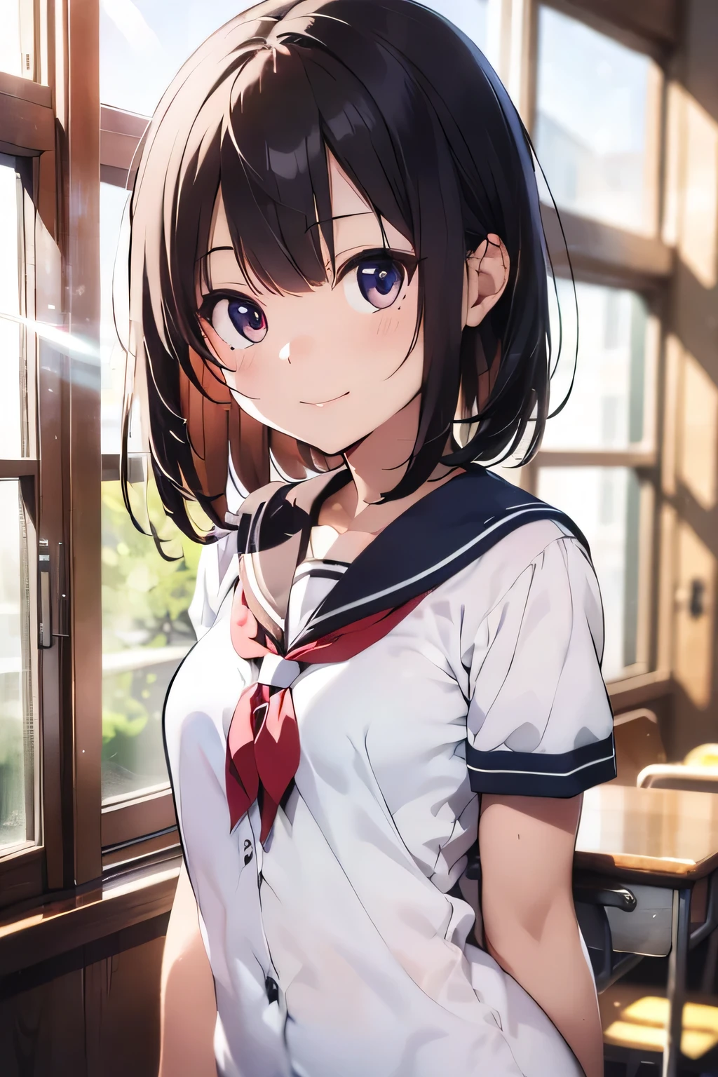 (extremely high quality artwork), (extremely detailed CG 8k), (masterpiece) ,(extremely cute girl), short, (innocent face), ((innocent smile)), shiny hair, (slim body), (small breasts), ((finely detailed beautiful eyes)), (eyes with brightness), look at viewer, arched back, ((nsfw)), ((school uniform)), (white sailor suit), under boob, no bra, (((lower body is completely naked))), (((no panties))), beautiful skin, pale skin, shiny skin, (bright color), vibrant colors, natural light, (glare),