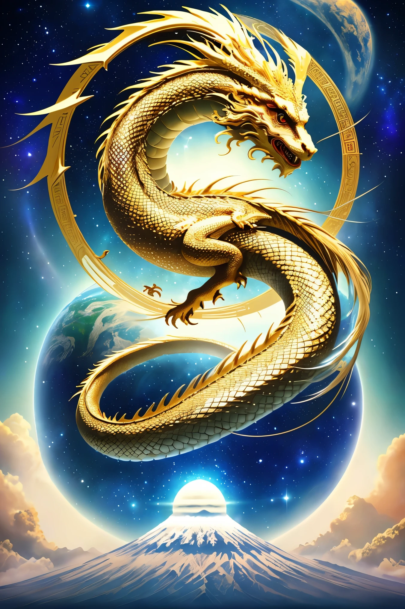(icon), ((Shining slender Japanese Golden Dragon God ascending to the heaven)),(The tail of the snake)
(The background is a fantastic and beautiful universe), high resolution dragon, rising sun, Big Mt Fuji, sunrise Mt Fuji,
((The earth is placed at the top of the image)).
High image quality, (((Dragon face upward))),
Divine dragon of the Orient.
The lower part of the background is space with beautiful stars.
(The full body of the dragon is 20% the size of the image)