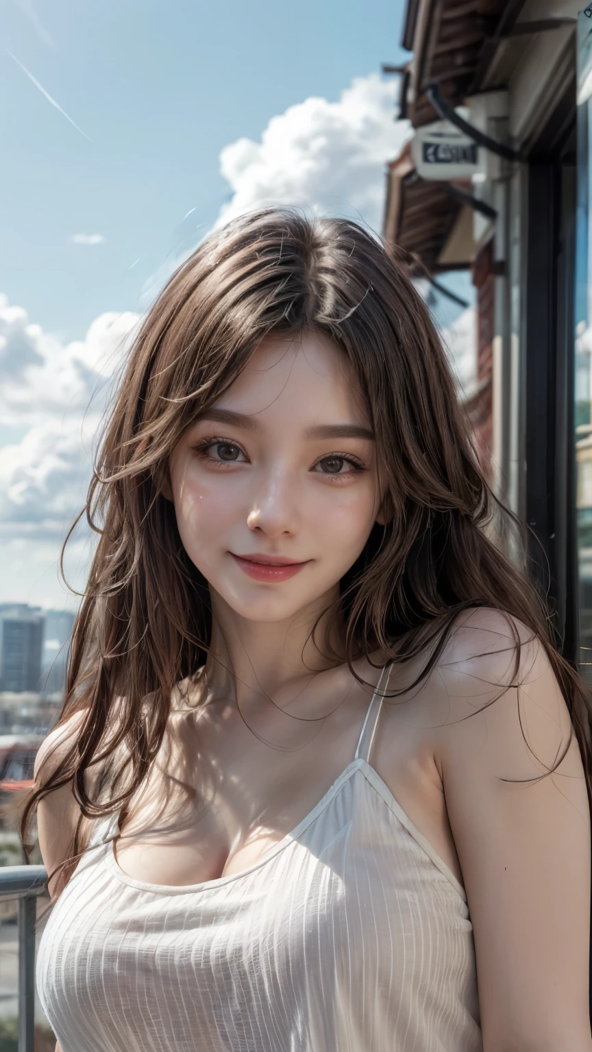 (8k, top quality, masterpiece:1.2), ( realistic, photo- realistic:1.37), very detailed, 1 girl, cute, Alone,Beautifully detailed skies,date,(Red Nose),(smile:1.15),(Shut up) small breasts, beautiful details, ( long hair:1.2), fluttering hair NovaFrogStyle , upper body, tank top