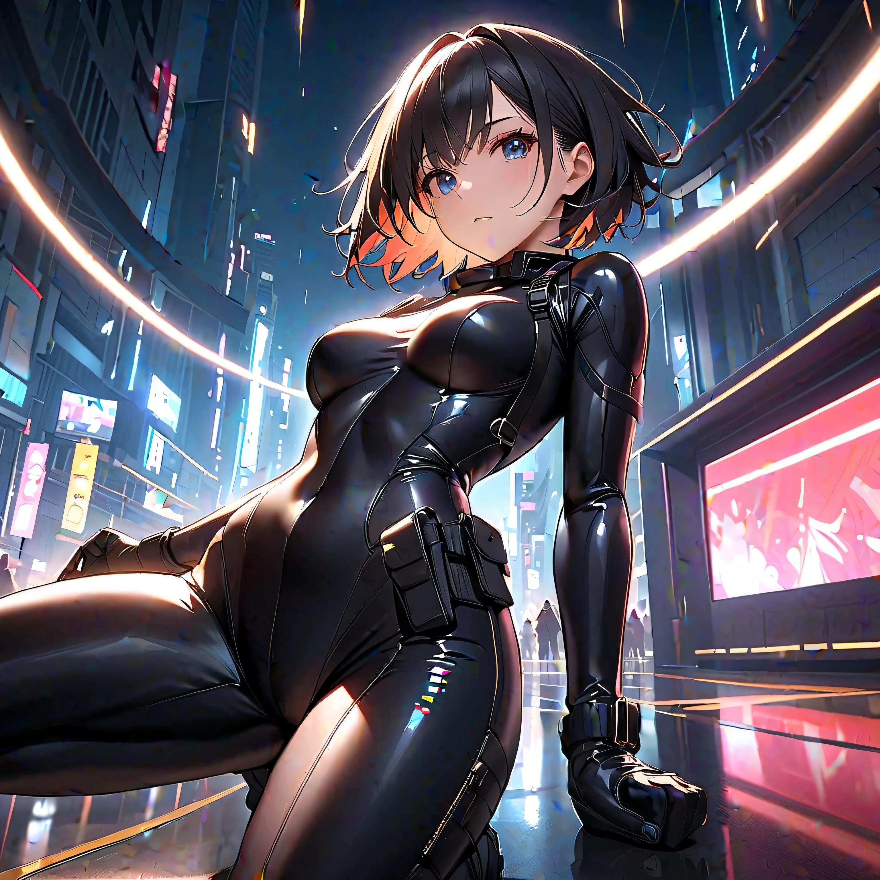 masterpiece, best quality, solo focus,extremely detailed 8k CG unity wallpaper,, 1girl with short bob cut hair, glowing eyes, Cat Suit, ((dark skin:1.5, tomboy)), toned, ass, v arms, nighttime, <lora:shirow-mix2-512d128a-768p-e08:0.6>,pink eyes, outdoors, landscape
