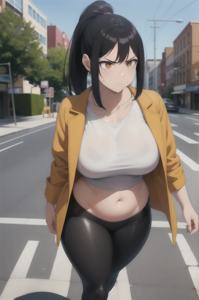 1 woman walking hand in hand on the busy street during the day,((a woman with a huge penis completely naked and pregnant,((a thin woman in a very short skirt and very short shirt looking at her penis)),Different types of hair, different body,