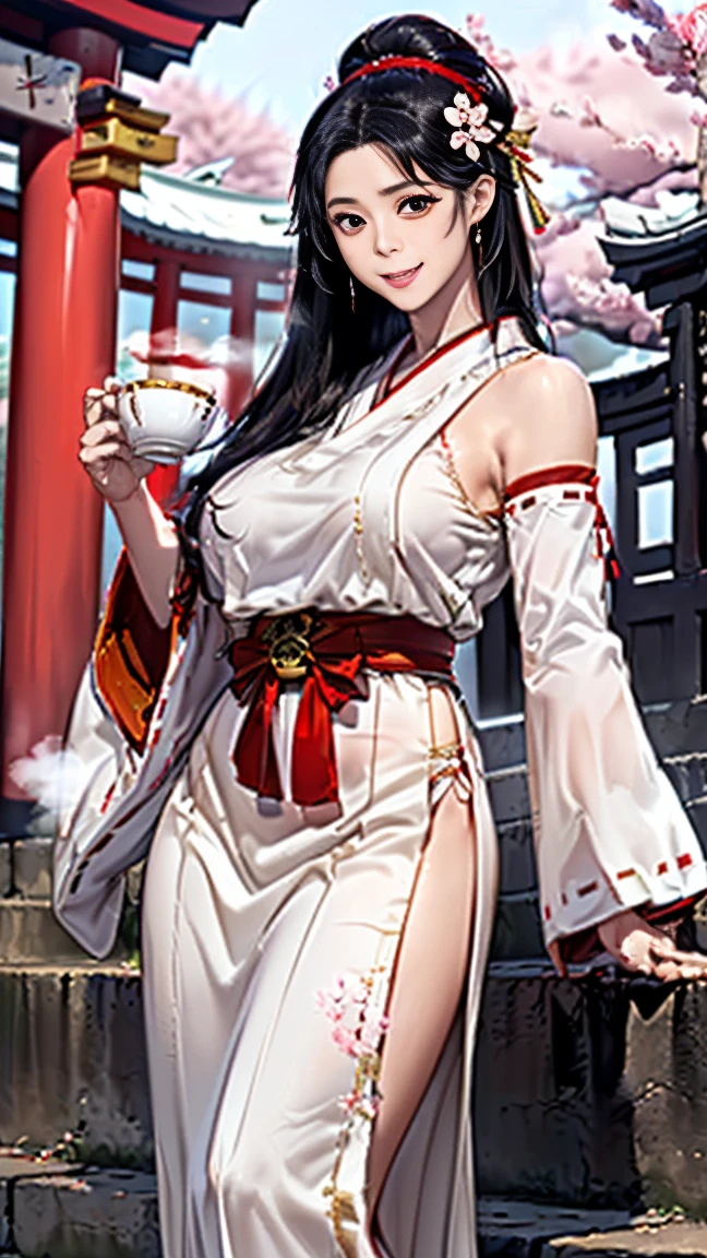 Uyghur woman, MILF, Mature female, long hair, huge breasts, outdoors, loose veil, black hair, sitting in a cafe, drinking tea, cleavage, Xingjian,