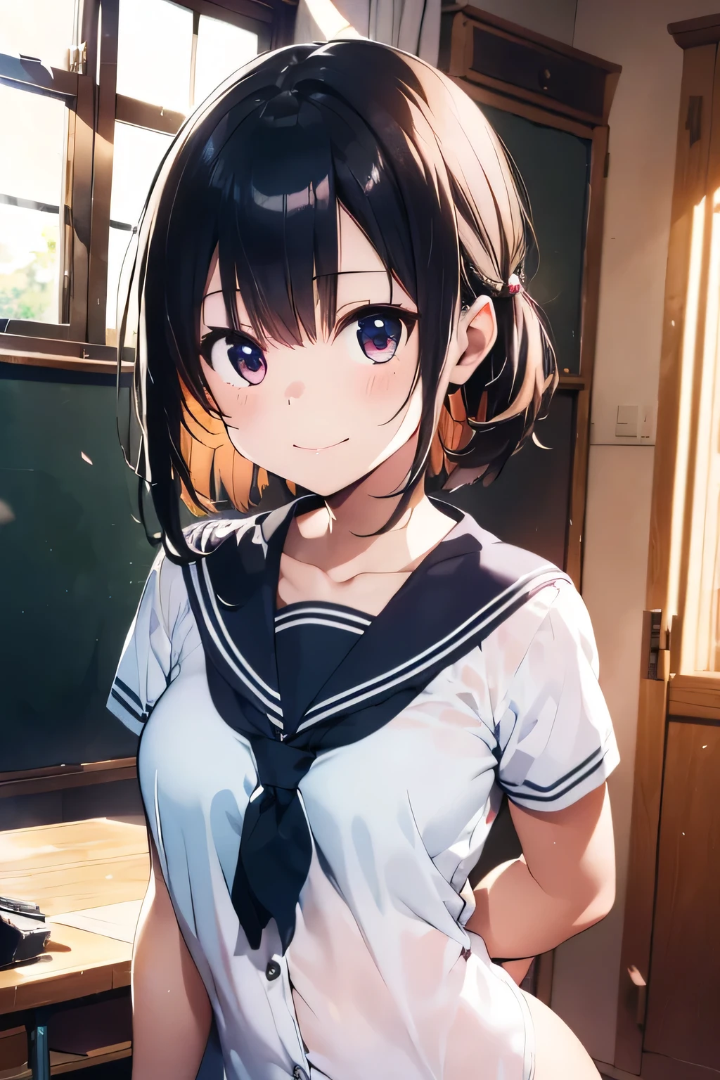 (extremely high quality artwork), (extremely detailed CG 8k), (masterpiece) ,(extremely cute girl), short, (innocent face), ((innocent smile)), shiny hair, (slim body), (small breasts), ((finely detailed beautiful eyes)), (eyes with brightness), look at viewer, arched back, ((nsfw)), ((school uniform)), (white sailor suit), under boob, no bra, (((lower body is completely naked))), (((no panties))), beautiful skin, pale skin, shiny skin, (bright color), vibrant colors, natural light, (glare), 
