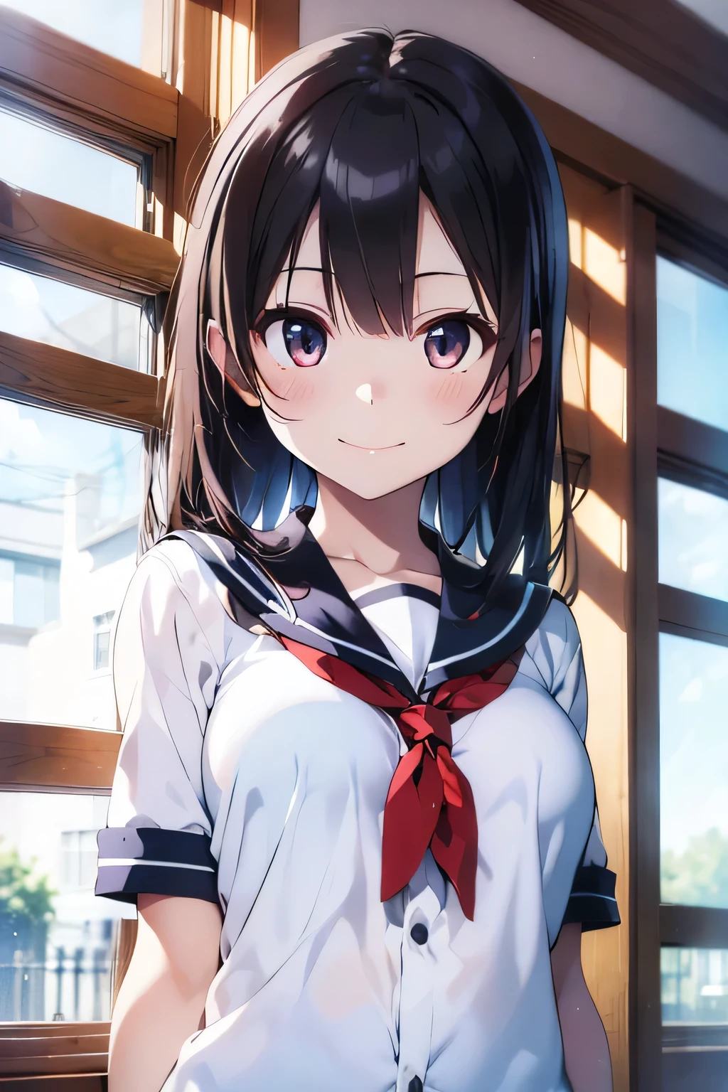 (extremely high quality artwork), (extremely detailed CG 8k), (masterpiece) ,(extremely cute girl), short, (innocent face), ((innocent smile)), shiny hair, (slim body), (small breasts), ((finely detailed beautiful eyes)), (eyes with brightness), look at viewer, arched back, ((nsfw)), ((school uniform)), (white sailor suit), under boob, no bra, (((lower body is completely naked))), (((no panties))), beautiful skin, pale skin, shiny skin, (bright color), vibrant colors, natural light, (glare), 
