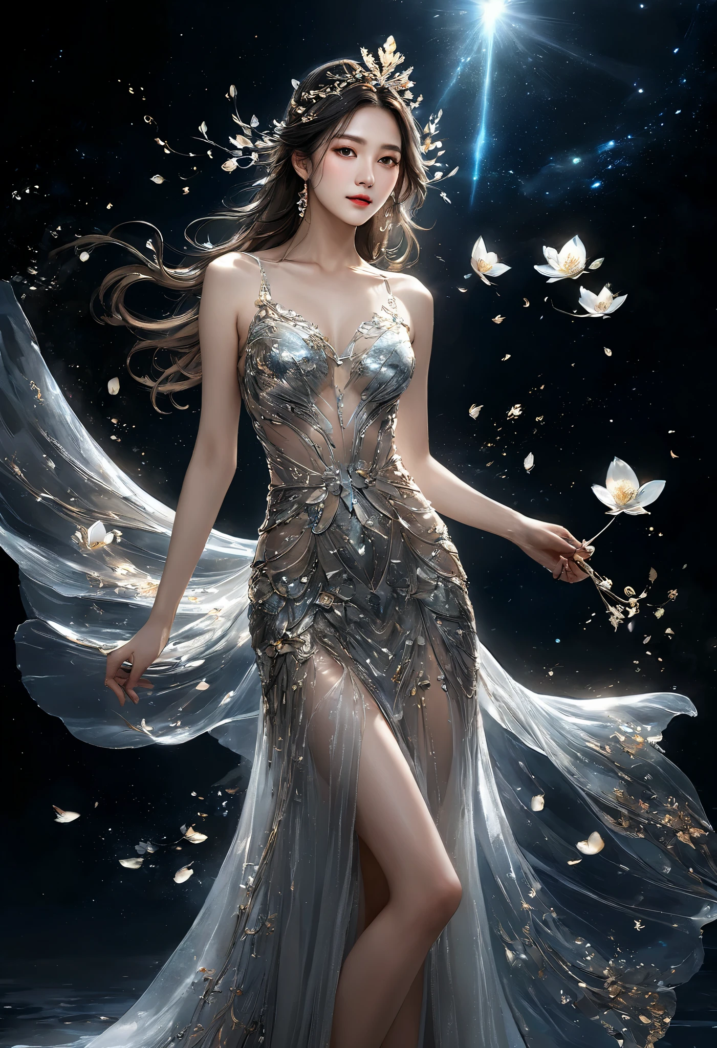 (((RAW photo , Extremely detailed, highest quality, High resolution, alone,)))
break、(contrast:1), whole body、 Viewed from directly above, Lying in a flower garden, back is on the floor、
break、 (((purple hair beach wave hairstyle ))), (((cosmetics))),big breasts,
break、white effect, white wings:1.2 , White Angel:1.2, ((night)) 、
break、Vampire Castle, detailed background,, moon、
break、antonio riva dress:1.1,Dress made of slightly see-through fabric:1.3、(very complicated:1.2), high fantasy, beautiful face, pointed ears,
break,background, monochrome, grayscale, barefoot, break、outdoors、river