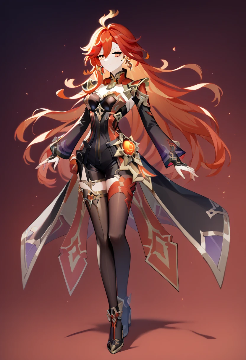 a cartoon image of a woman in a black suit and red hair, fire!!  full body , Mavuika Genshin impact, appears as the fire goddess, Mavuika Game Genshin Impact, Intricate costume,  complete portrait of an elementalist , cyberpunk flame costume,Mavuika do Genshin Impact,  full body  xianxia, black fire color reflected armor