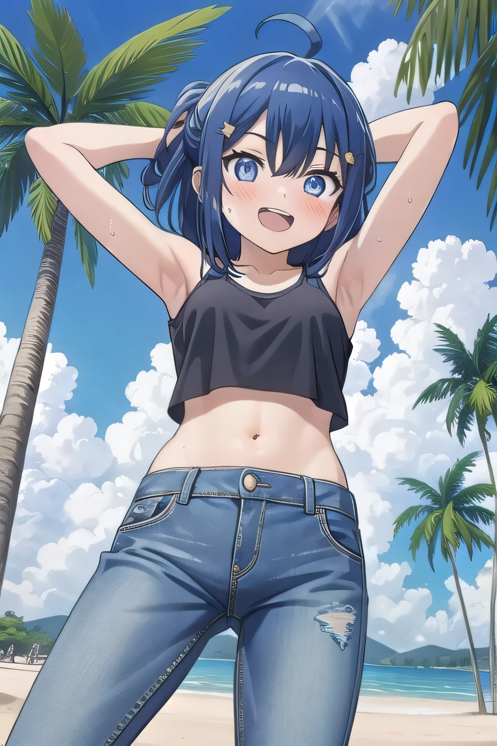 masterpiece,best quality,ultra detail, Perfect Face, Perfect Arms, Perfect hands, Perfect Fingers, 1girl, , peti ((round face, ecstasy, orgasm face, drooping eyes, shame smiling, blush)), dropping eyes, sleepy, background((under the beach, (day:1.2), palm tree, bright sky)), Yanami anna, ahoge,medium hair,blue hair,sidelocks,blunt bangs,blue eyes, hair between eyes,parted bangs, blue eyes, arms behind head, contrapposto, spread armpits, looking at viewer,, (white tank top:1.2), (white crop top:1.2), (jeans pants:1.2, flares jeans:1.2, skinny jeans:1.2, blue jeans:1.2), standing, (legs spread:1.2), sex pose, Sweaty crotch, Steam from the crotch, from below, full medium body