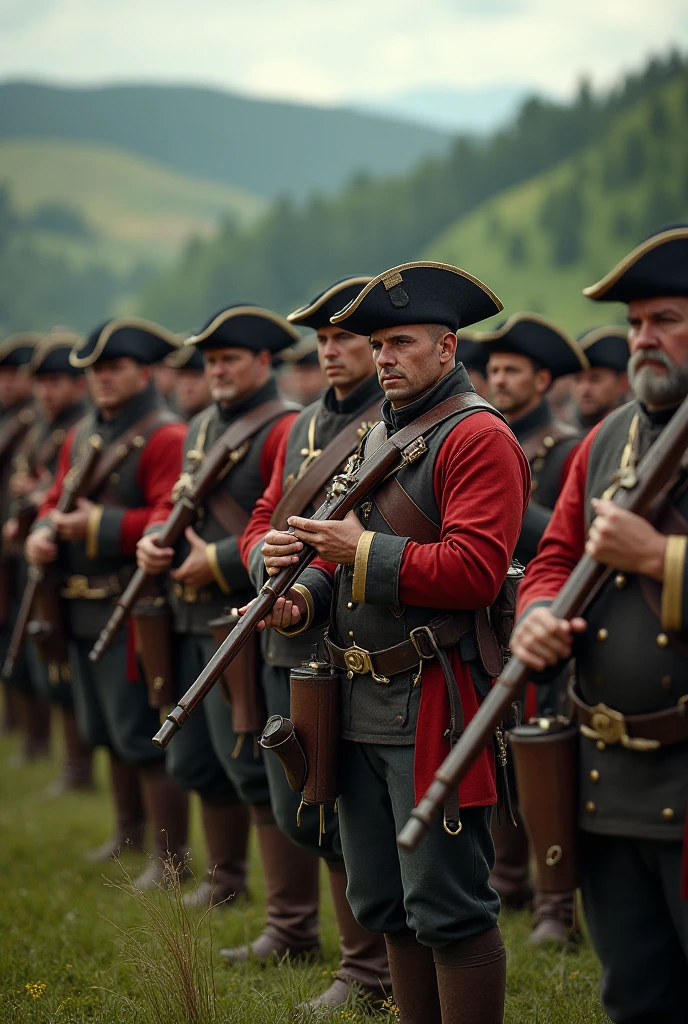 Por favor, describe in detail an image depicting the British Army during the American Revolution, destacando os uniformes vermelhos distintivos usados pelos soldados, incluindo os cortes, cores, Accessories, insignia and any features that set them apart from American fighters of the time."