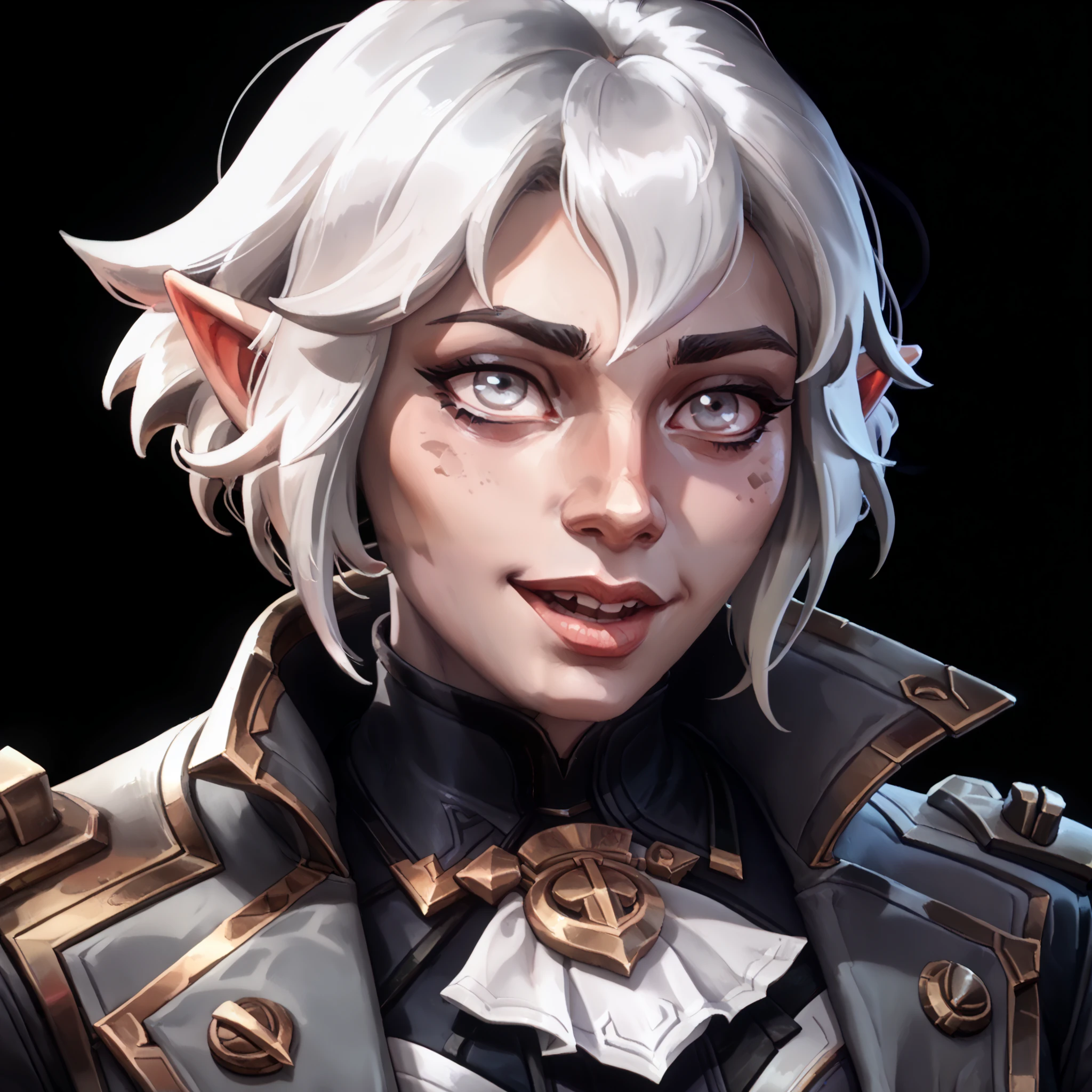 one woman, briar from league of legends, (pale eyes:1.2), (grey skin:1.2), bob haircut, white hair, pointy ears, (upper body:1.3), (black background, clear background:1.5), (grey military jacket:1.2), (studio lights, deep shadows:1.3), (big chest:1.2), (joyful face:1.2)