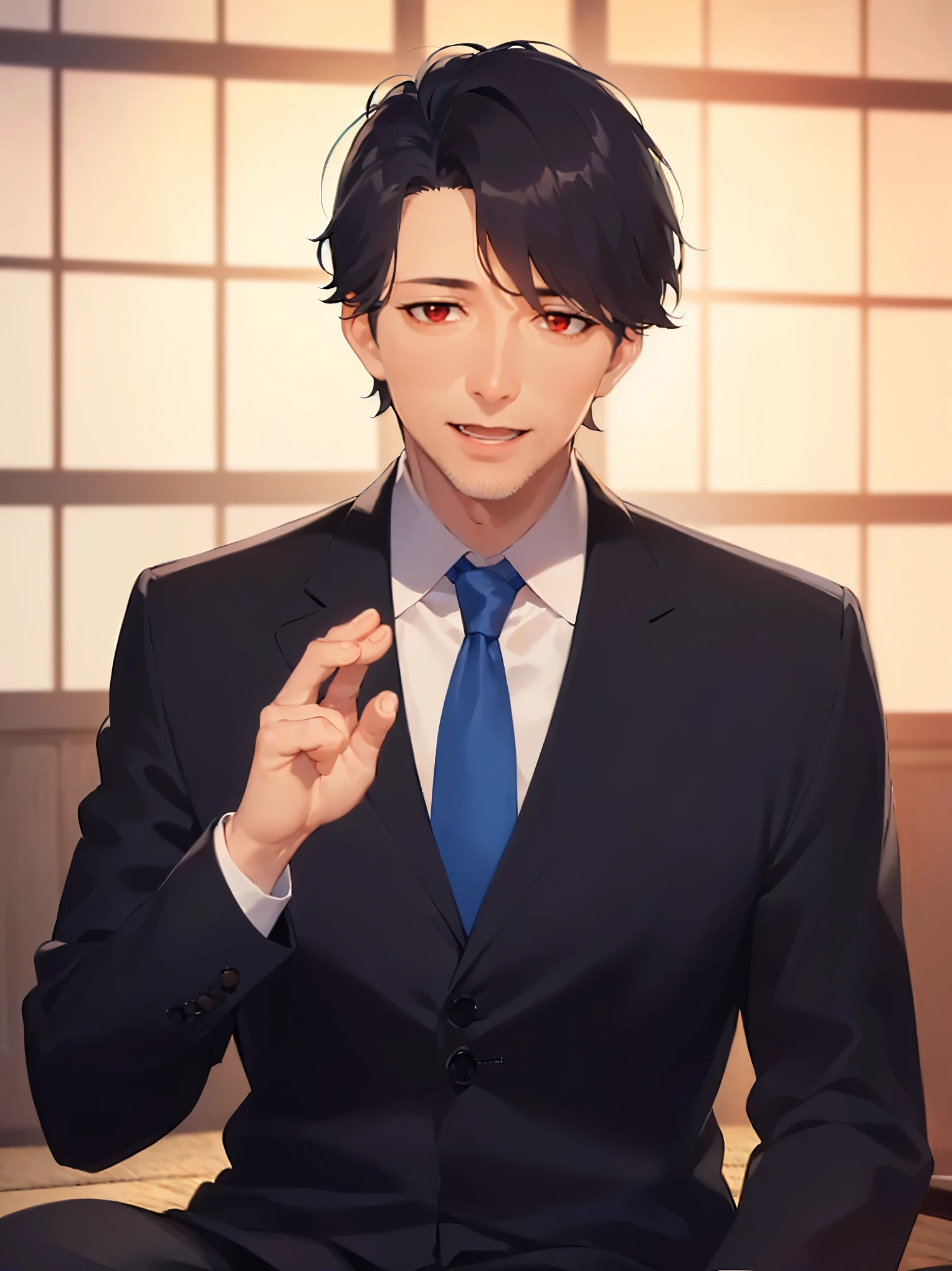 (at night:1.5), Raising hand, masterpiece, high quality,
(50 year old man:1.5) and (short black hair) and (red eyes), (suit:1.5) and (blue tie), 
smile, open mouth, alone, inside a ryokan, sitting, 