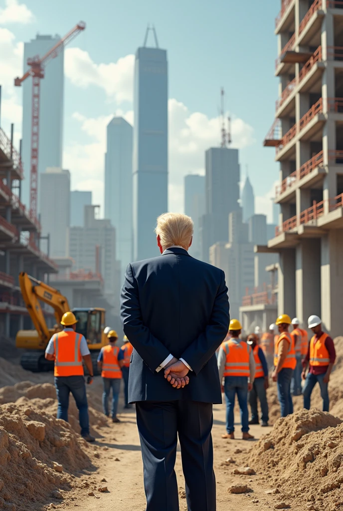 A photo of Donald Trump standing in front of a construction site with a hard hat on,original,Donald Trump