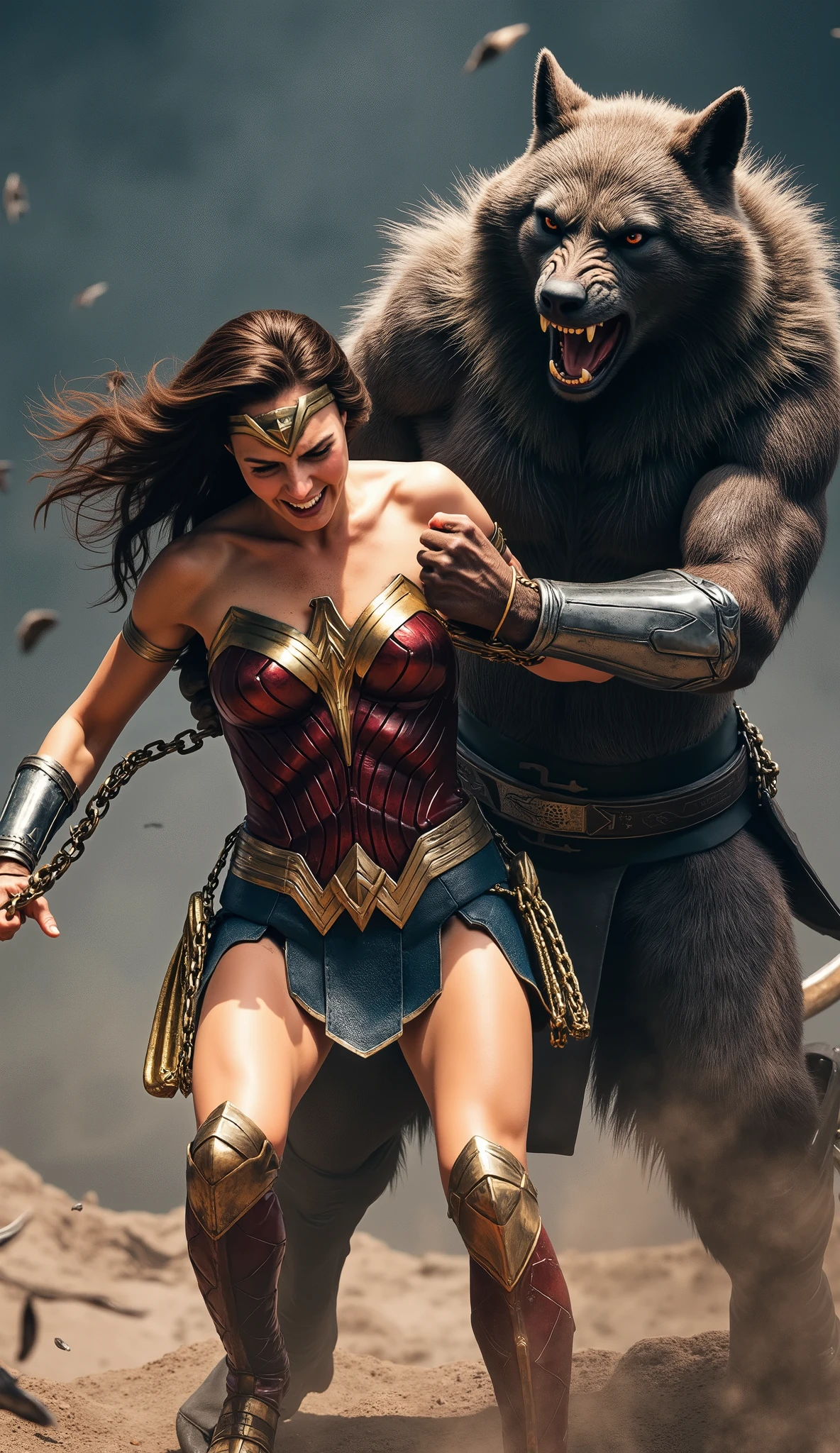 Gal Gadot is Wonder woman, ((fighting with the Steppenwolf)), a very beautiful face, very bright white skin, brown hair, Wonder woman is seized by a huge body fierce Steppenwolf and standing on the dirt, ((leather fabric short skirt:1.8)), dirty body, ((bound arms by chain behind her back)), ((bound arms behind the back:1.9)), the Steppenwolf severely assault wonder woman, he grab her wrist tightly, the Steppenwolf is taller than Wonder woman, chain locked on her neck, painful face, Excruciating pain face, photorealistic, hyper realistic, whole body visible, in the night, ancient myth war,