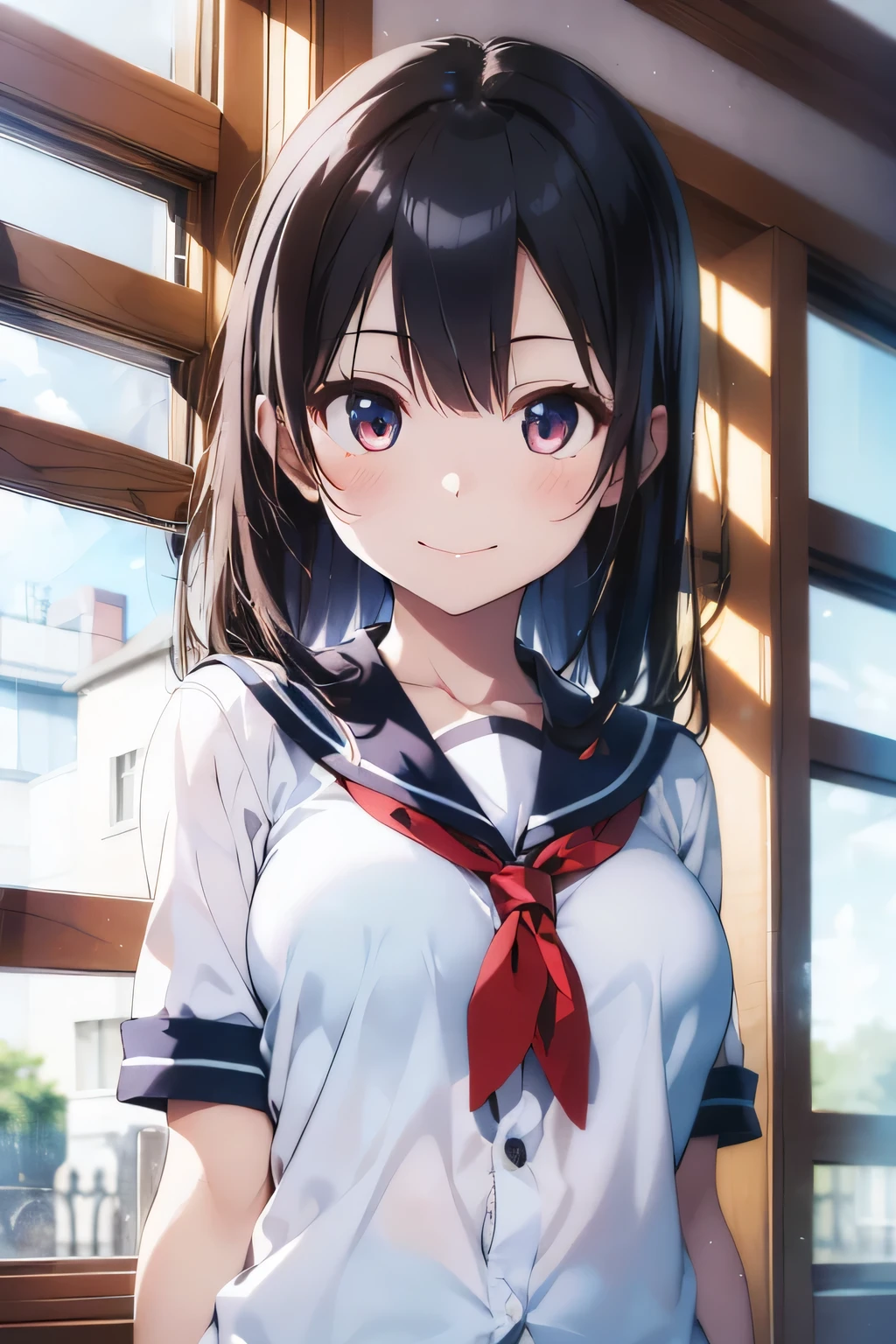 (extremely high quality artwork), (extremely detailed CG 8k), (masterpiece) ,(extremely cute girl), short, (innocent face), ((innocent smile)), shiny hair, (slim body), (small breasts), ((finely detailed beautiful eyes)), (eyes with brightness), look at viewer, arched back, ((nsfw)), ((school uniform)), (white sailor suit), under boob, no bra, (((lower body is completely naked))), (((no panties))), beautiful skin, pale skin, shiny skin, (bright color), vibrant colors, natural light, (glare), 
