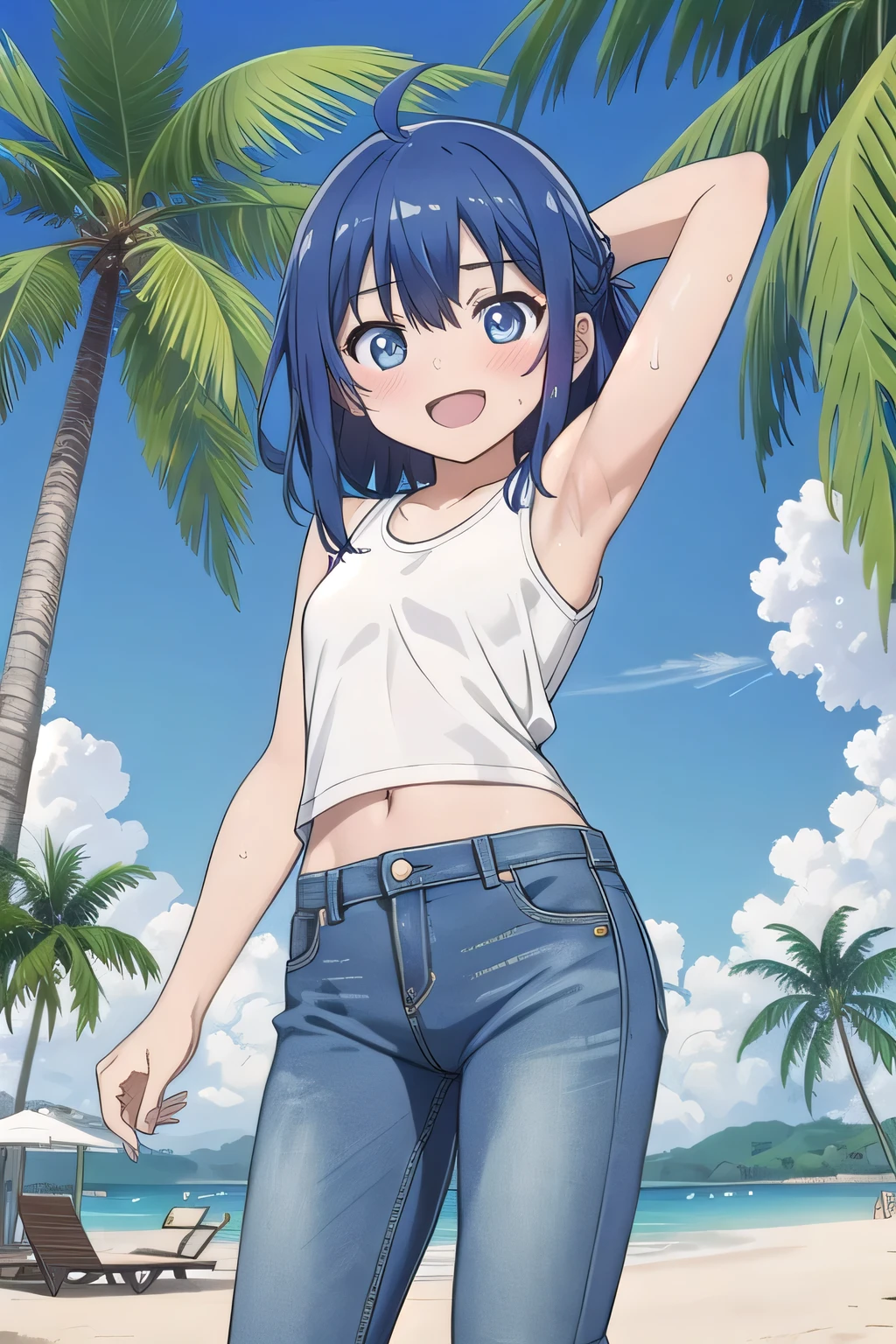 masterpiece,best quality,ultra detail, Perfect Face, Perfect Arms, Perfect hands, Perfect Fingers, 1girl, , peti ((round face, ecstasy, orgasm face, drooping eyes, shame smiling, blush)), dropping eyes, sleepy, background((under the beach, (day:1.2), palm tree, bright sky)), Yanami anna, ahoge,medium hair,blue hair,sidelocks,blunt bangs,blue eyes, hair between eyes,parted bangs, blue eyes, arms behind head, contrapposto, spread armpits, looking at viewer,, (white tank top:1.2), (white crop top:1.2), (jeans pants:1.2, flares jeans:1.2, skinny jeans:1.2, blue jeans:1.2), standing, (legs spread:1.2), sex pose, Sweaty crotch, Steam from the crotch, from below, full medium body