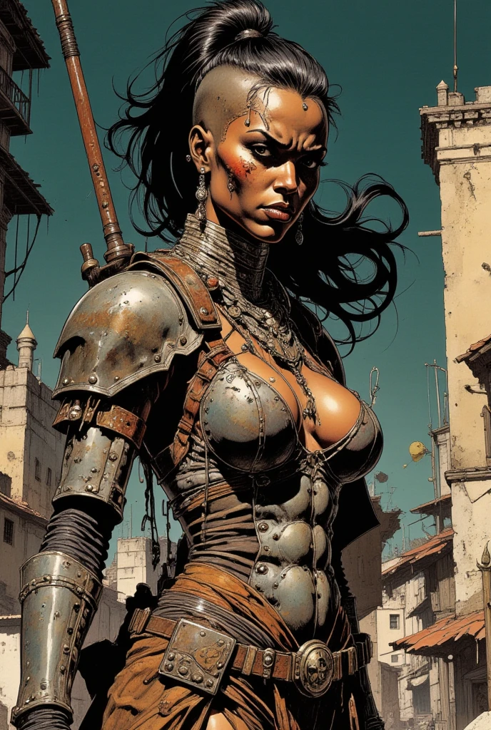 One, female, slightly muscular, Lung Muscles, ((Bandit, black leather armor)), ((black hair)), Thin lips, big lips, Scars, evil grin, big green eyes, fantasy outfit, the forest, trousers, ((Tan skin)), cropped jacket, modest clothing, pointy ears.