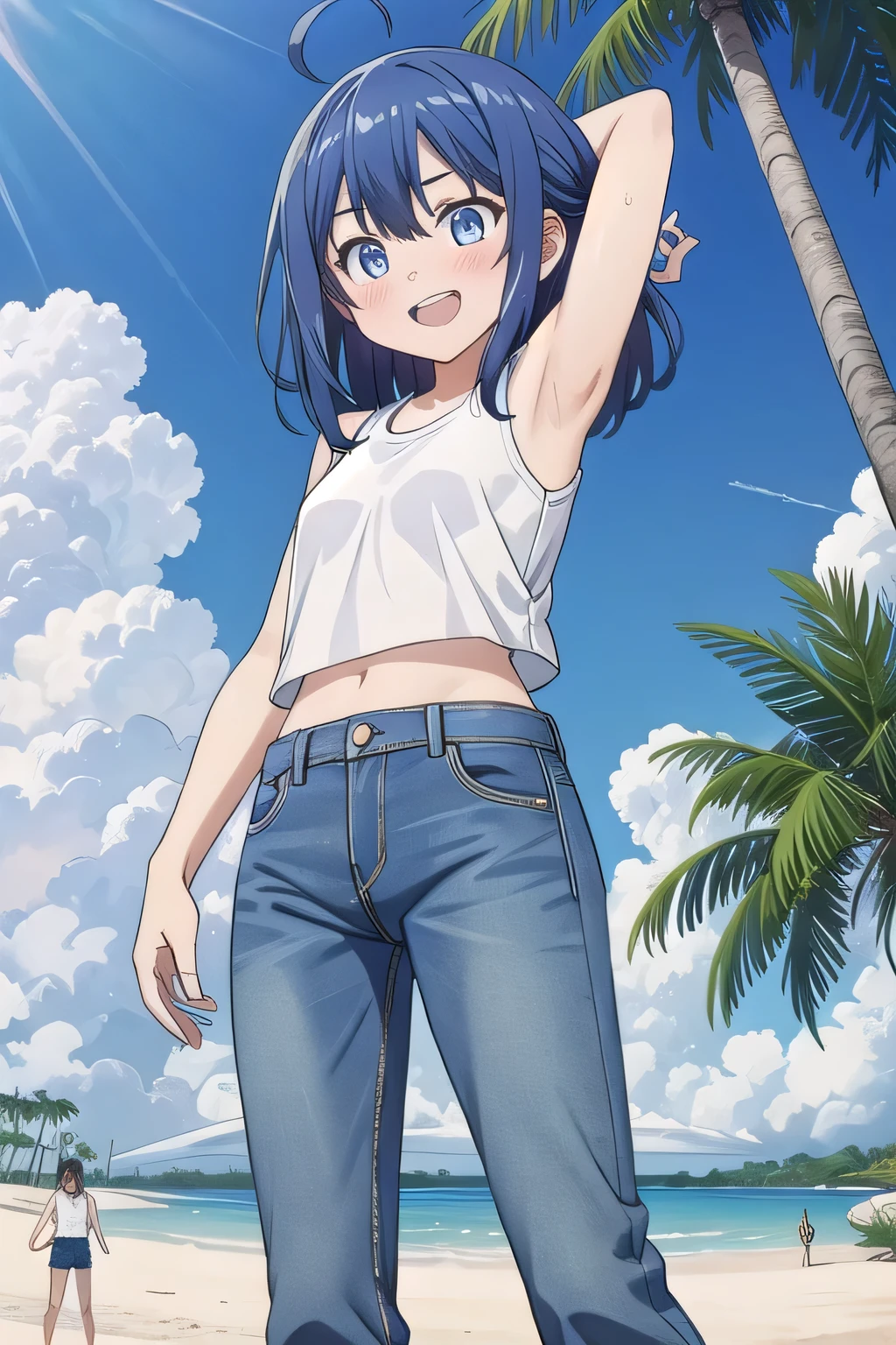 masterpiece,best quality,ultra detail, Perfect Face, Perfect Arms, Perfect hands, Perfect Fingers, 1girl, , peti ((round face, ecstasy, orgasm face, drooping eyes, shame smiling, blush)), dropping eyes, sleepy, background((under the beach, (day:1.2), palm tree, bright sky)), Yanami anna, ahoge,medium hair,blue hair,sidelocks,blunt bangs,blue eyes, hair between eyes,parted bangs, blue eyes, arms behind head, contrapposto, spread armpits, looking at viewer,, (white tank top:1.2), (white crop top:1.2), (jeans pants:1.2, flares jeans:1.2, skinny jeans:1.2, blue jeans:1.2), standing, (legs spread:1.2), sex pose, Sweaty crotch, Steam from the crotch, from below, full medium body