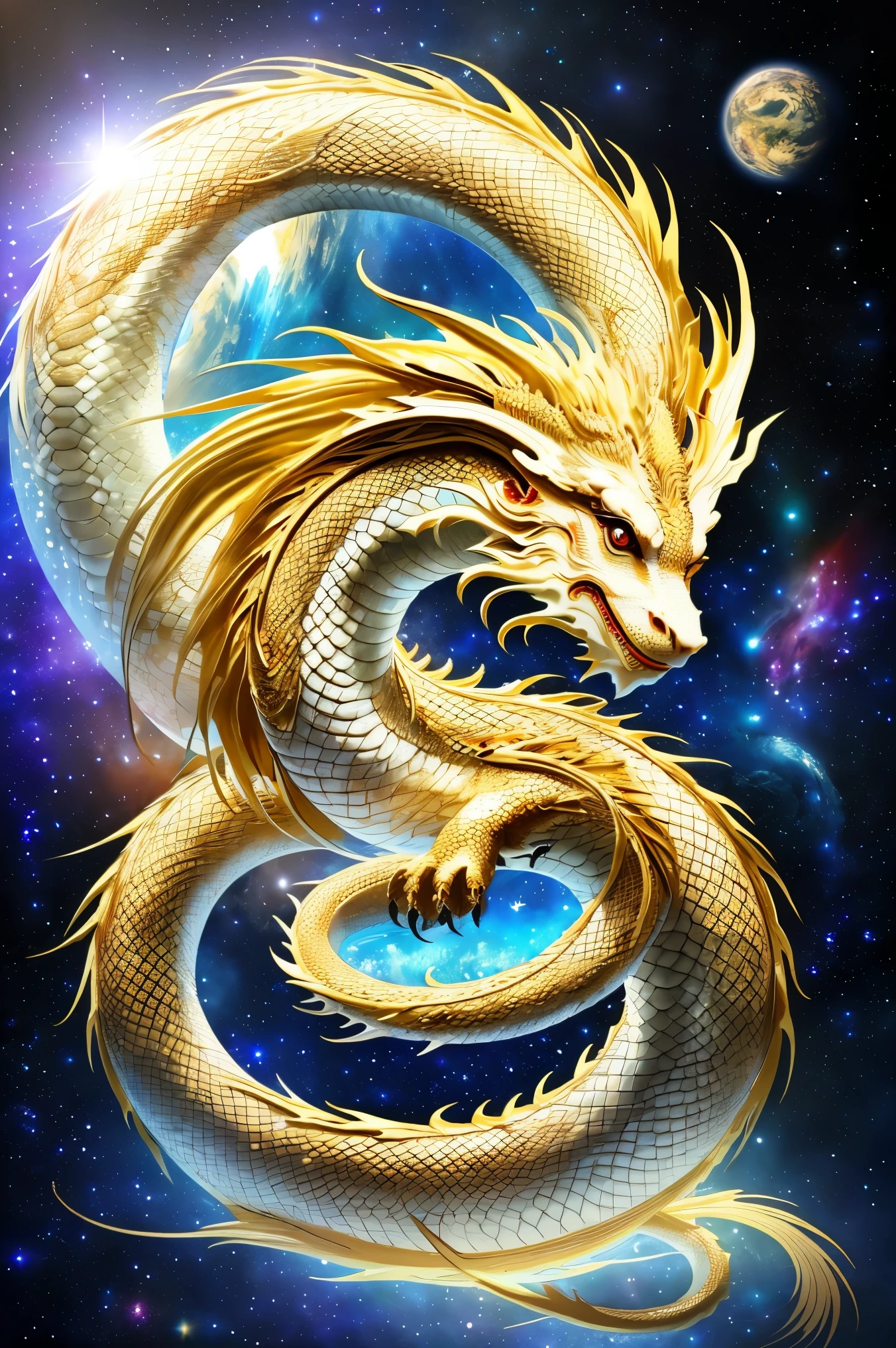 (icon), ((Shining slender Japanese Golden Dragon God ascending to the heaven)),(The tail of the snake)
(The background is a fantastic and beautiful universe), high resolution dragon, rising sun, Big Mt Fuji, sunrise Mt Fuji, 
 ((The earth is placed at the top of the image)).
 High image quality, (((Dragon face upward))), 
Divine dragon of the Orient.

The lower part of the background is space with beautiful stars.
(The full body of the dragon is 20% the size of the image)