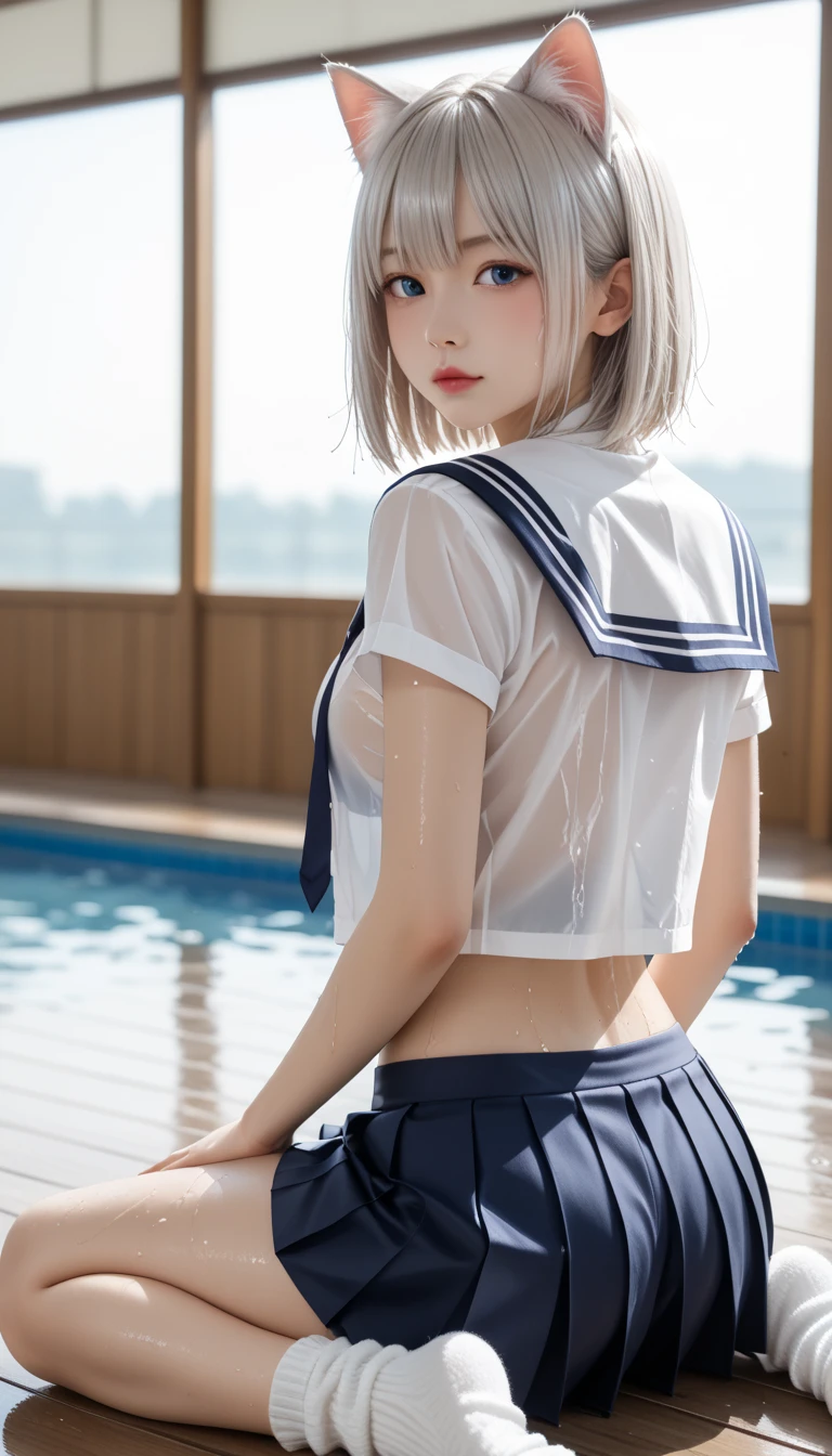 ((Photorealistic)), dynamic pose, ((low angle)), wheat fields, ((lying her back on the ground)), muddy body, 1girl, pale skin, slender body, (white messy hair), ((delicate face, innocent, cute, tired, glooming, looking away, spacing out, exhausted, abused, raped)), (((school uniform))), huge breasts, ((small waist)), (((white liquid coming out of vagina))), (wide thighs), ((masterpiece))