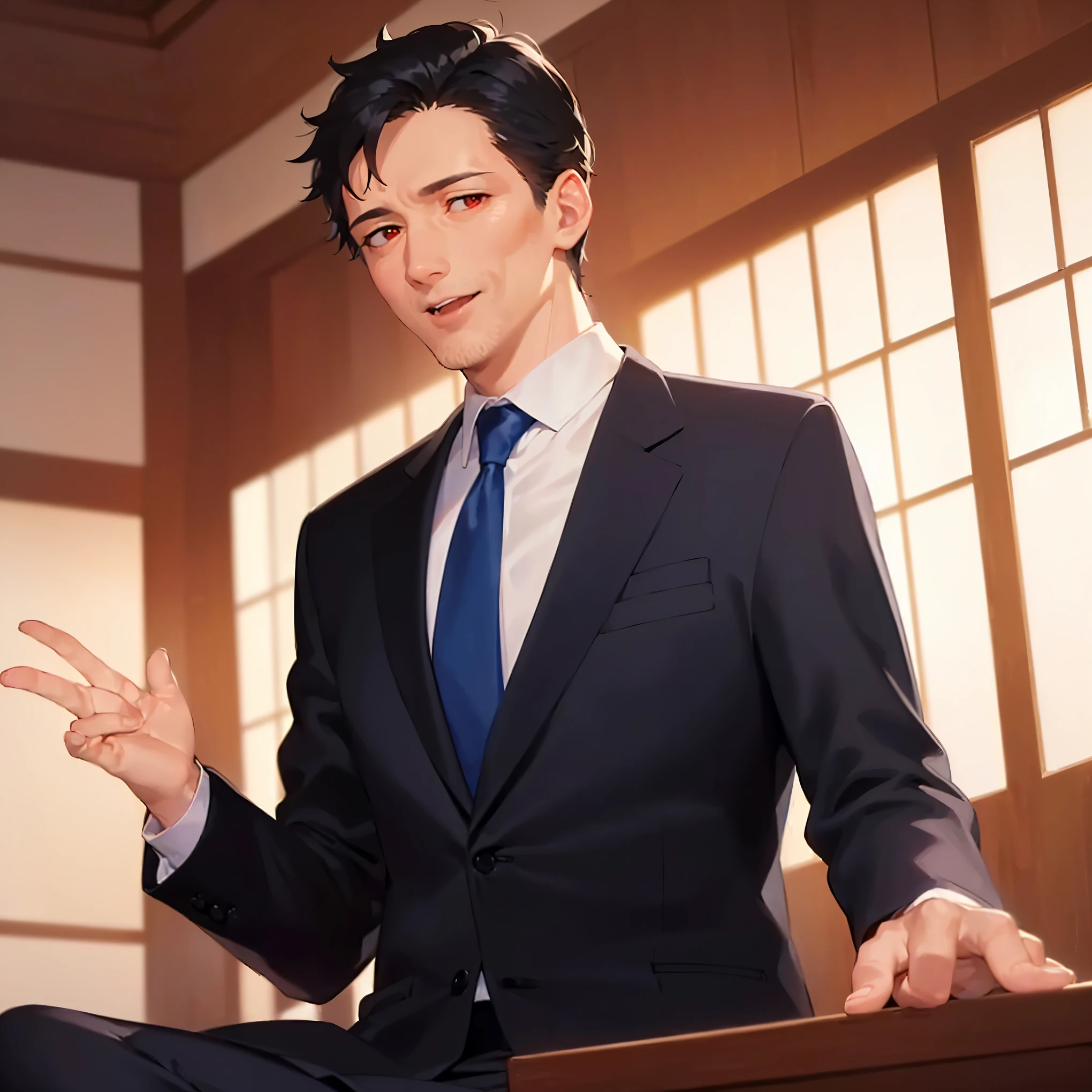 (at night:1.5), Raising hand, masterpiece, high quality, (50 year old man:1.5) and (short black hair) and (red eyes), (suit:1.5) and (blue tie), smile, open mouth, alone, inside a ryokan, sitting, 