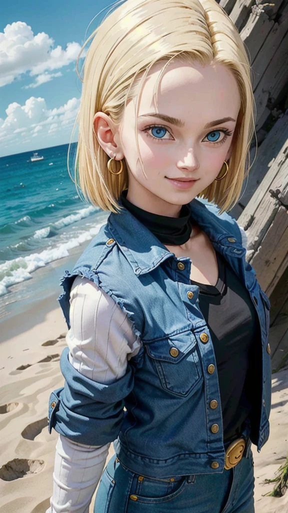 android 18,blonde hair, Long Straight hair, blue eyes, vest, black shirt, long sleeves, denim jacket, looking at viewer, smile Face, close up portrait, outside, beach, ocean, blue sky, trees, rocks, high quality, masterpiece, sexy body, perfect breasts, slightly torn shirt on the chest
