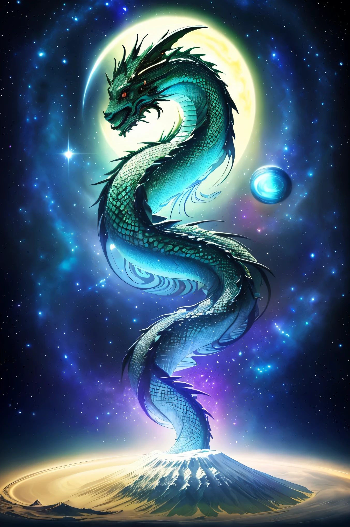 (icon), ((Shining slender Japanese universe Dragon God ascending to the heaven)),(The tail of the snake)
(The background is a fantastic and beautiful universe), high resolution dragon, rising sun, Big Mt Fuji, sunrise Mt Fuji,
((The earth is placed at the top of the image)).
High image quality, (((Dragon face upward))),
Divine dragon of the Orient.
The lower part of the background is space with beautiful stars.
(The full body of the dragon is 20% the size of the image)