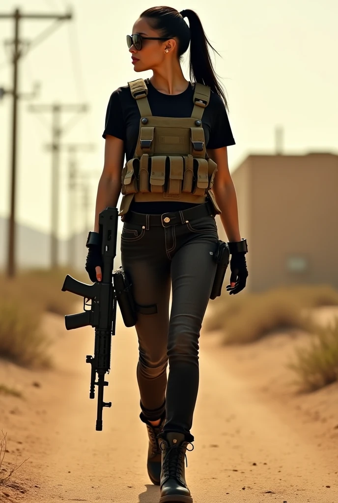 hermosa mujer soldado razgos de medio oriente cabello negro muy corto estilo militar, ojos cafe, brazos muy hypertrofiados, manos roboticas y cuerpo muscular, hombros al descubierto, tank top apretado color grisaseo gran escote, pantalones militares camuflaje color grisaceo, cinturon con municion, lleva un rifle de francotirador estilo sovietico, botas militares largas negras, fondo de la imagen, ciudad de medio oriente en llamas, ultra realistic, ultra detailed, ultra detailed, hyperrealistic, 4k, ultra detailed image, realistic, highly detailed, perfect composition, beautiful detailed intricate insanely detailed, 8k artistic photography, hyper detailed, Masterpiece
peliroja