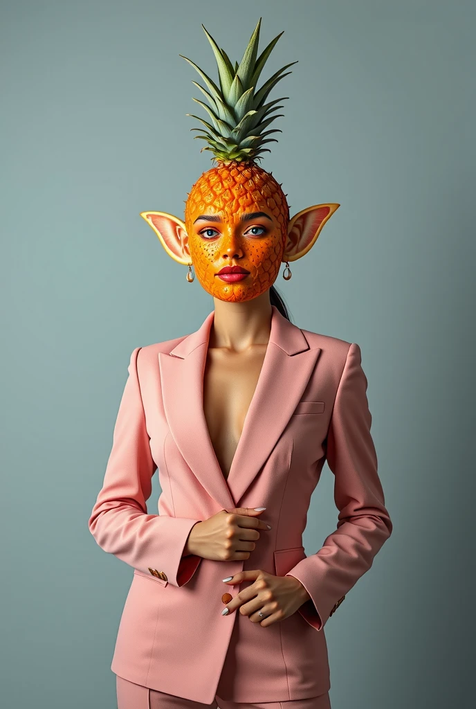 "A stunning woman with a well-proportioned, full-body figure, standing confidently in a modern outfit. Her face is replaced with a vibrant fruit, such as a pineapple or strawberry, including matching ears, nose, and mouth sculpted seamlessly from the same fruit texture. Her skin tone blends harmoniously with the fruit's color. The background is minimal, with soft, diffused lighting emphasizing her surreal yet elegant appearance. Every detail, from the fruit's texture to her stylish pose, is hyper-realistic."