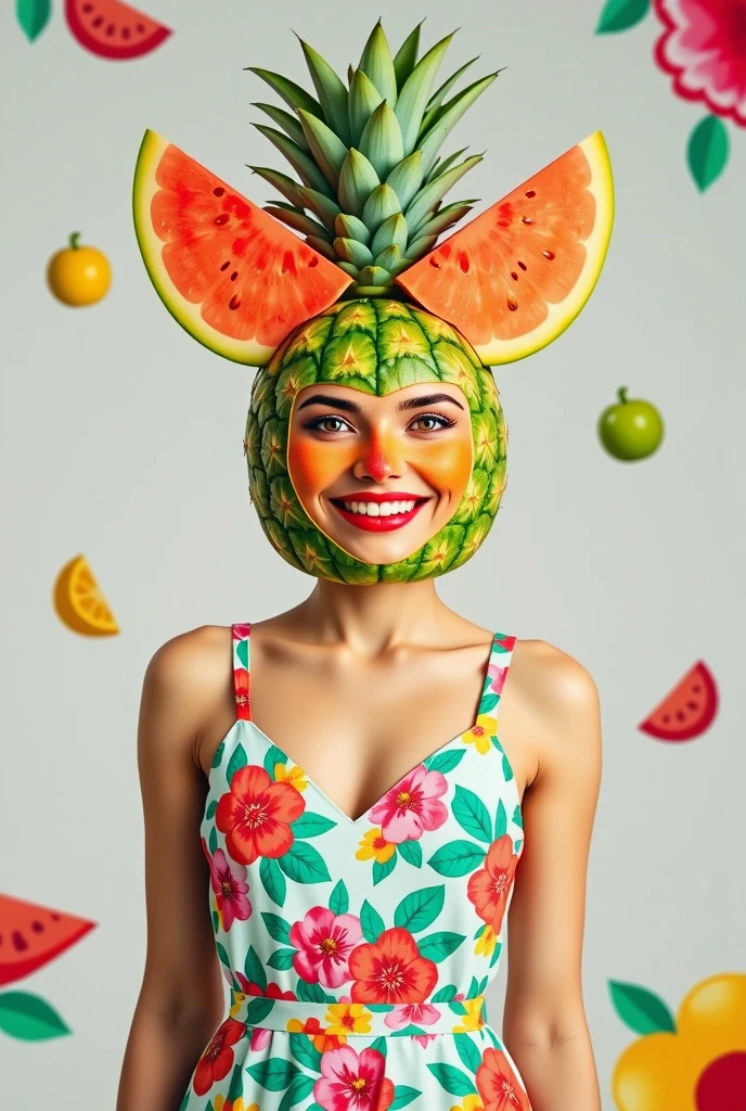 A cheerful, full-body image of a stylish woman wearing bright, colorful clothing that is modest and appealing to ren, such as a playful jumpsuit or floral dress. Her face is replaced with a vibrant fruit, like a watermelon or pineapple, with matching ears, nose, and mouth made from the fruit’s texture. The outfit complements the fruit theme with fun patterns or matching colors. The background is lively and -friendly, featuring soft pastel hues or playful designs to engage ren."