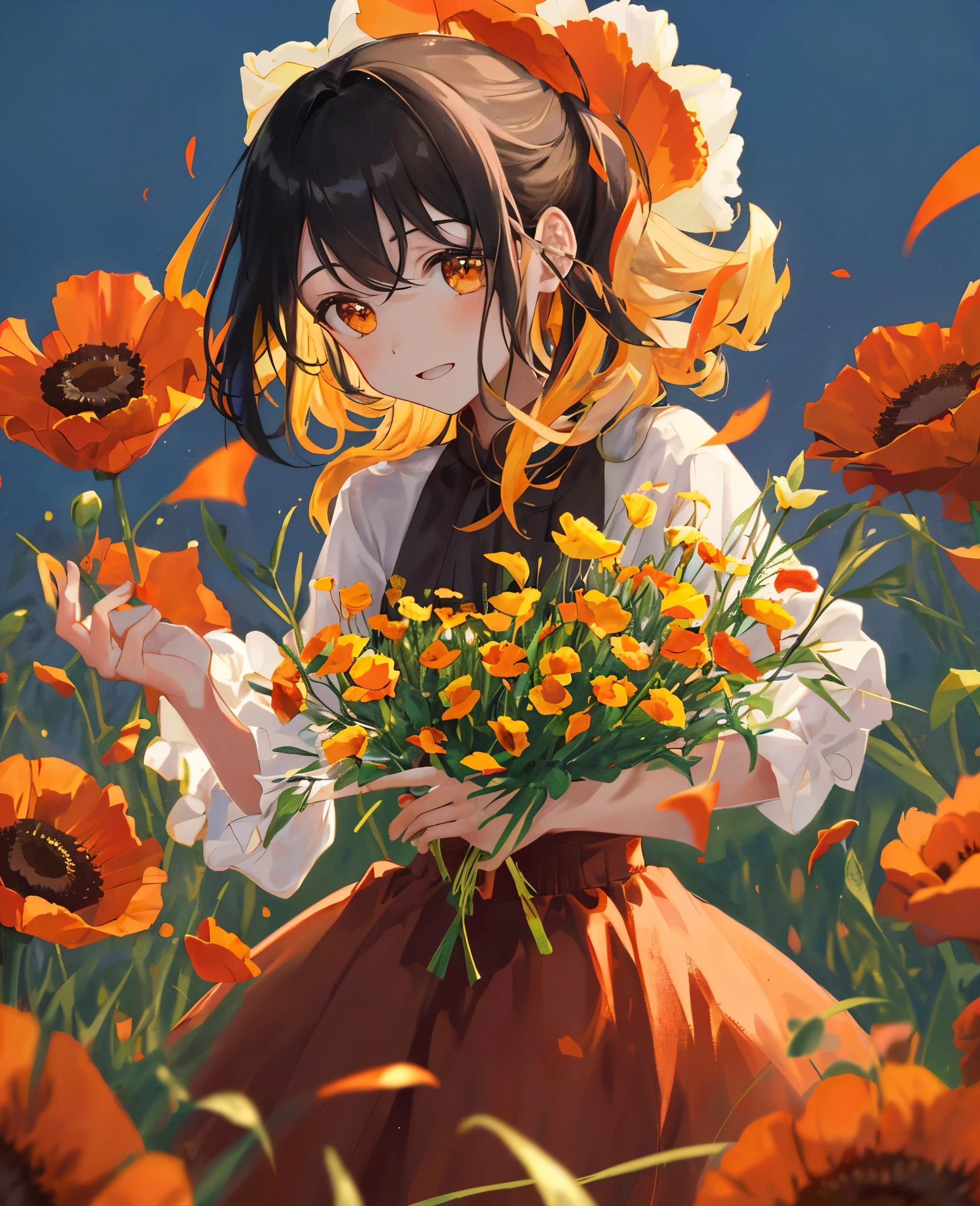 chef-d'œuvre, Meilleure qualité, illustration, , close up, girl, black hair, streaked yellow hair, long hair, orange eyes, red dress, standing in a vibrant field of poppies, her dress made entirely of delicate red poppy petals, blending seamlessly with the flowers around her, golden sunlight from the setting sun casting a warm glow, soft shadows stretching across the field, her hair gently tousled by a breeze, the horizon ablaze with orange and pink hues, an ethereal and tranquil atmosphere, mignon, ( éclairage dynamique :1.2), éclairage de film , Traits de visage délicats, Pupilles réalistes , Profondeur de champ, Bokeh, mise au point nette, (hyper-détaillé, floraison, :1.4),