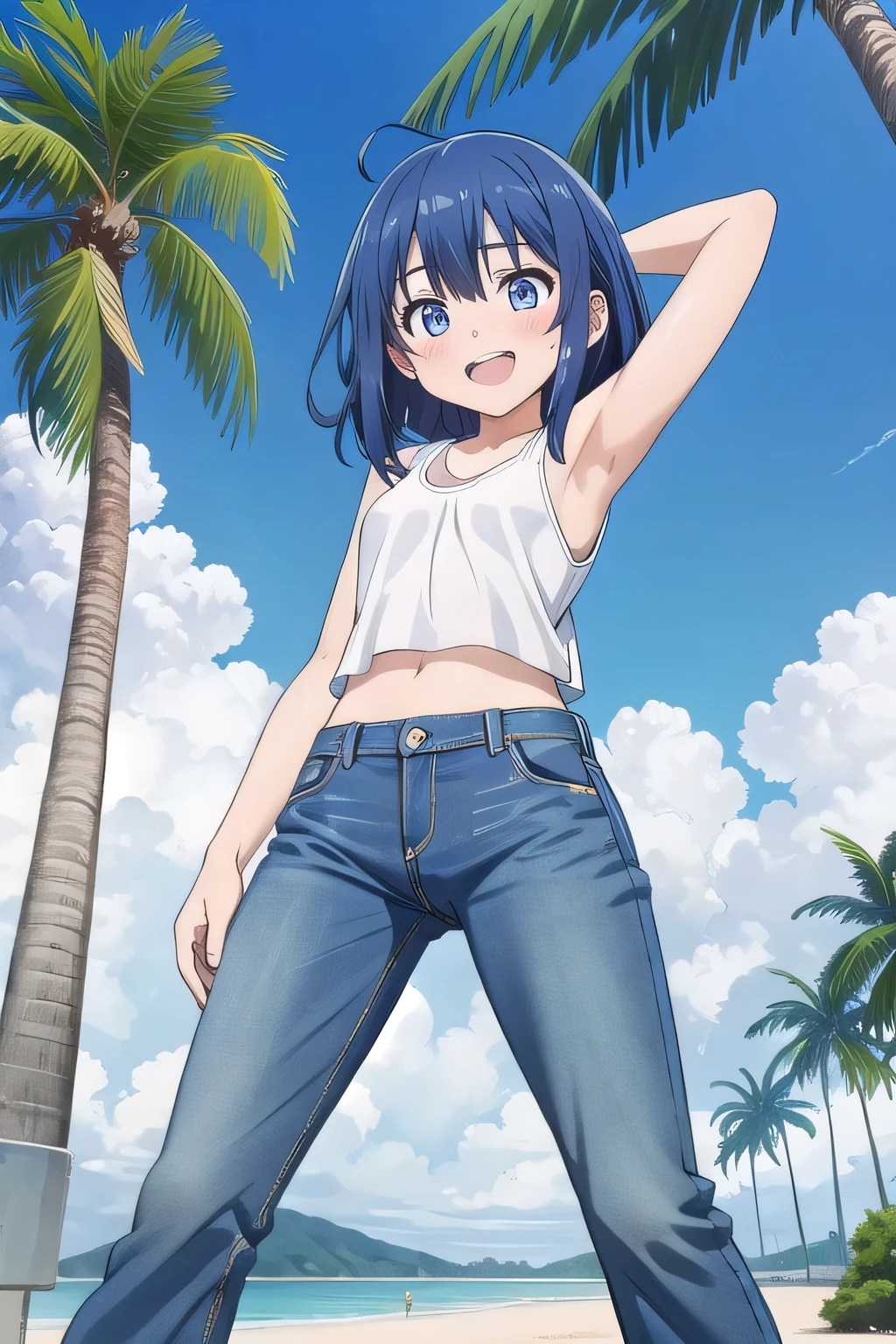 masterpiece,best quality,ultra detail, ((Perfect Face, Perfect Arms, Perfect hands, Perfect Fingers)), 1girl, , peti ((round face, ecstasy, orgasm face, drooping eyes, shame smiling, blush)), dropping eyes, sleepy, background((under the beach, (day:1.2), palm tree, bright sky)), Yanami anna, ahoge,medium hair,blue hair,sidelocks,blunt bangs,blue eyes, hair between eyes,parted bangs, blue eyes, arms behind head, contrapposto, spread armpits, looking at viewer,, (white tank top:1.2), (white crop top:1.2), (jeans pants:1.2, flares jeans:1.2, skinny jeans:1.2, blue jeans:1.2), standing, (legs spread:1.2), sex pose, Sweaty crotch, Steam from the crotch, from below, full medium body