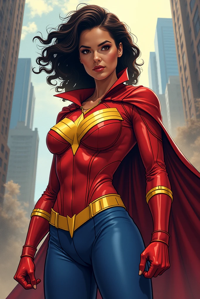 Superwoman, strong abs and biceps, huge breasts, hyper muscular strong