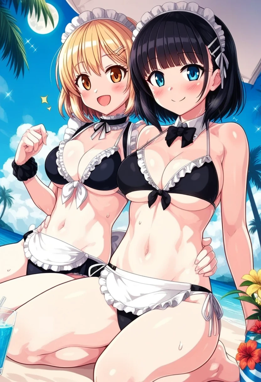 Black-haired beauty"Haruna"and blonde girl "yuki mio " ,  2 Girls, yuki mio :( bikini, maid  bikini, frills, brack  bikini), Haruna:(白 bikini,Paleo ,Scrunchie on your arm), Outdoors, Palm leaves,  palm tree, plant, potted plant, null, Sparkle,  moon, knee brace  , A gentle smile ,Posing for me (( music promotion shooting style that shows through the waist ,  Glitter Effects ))