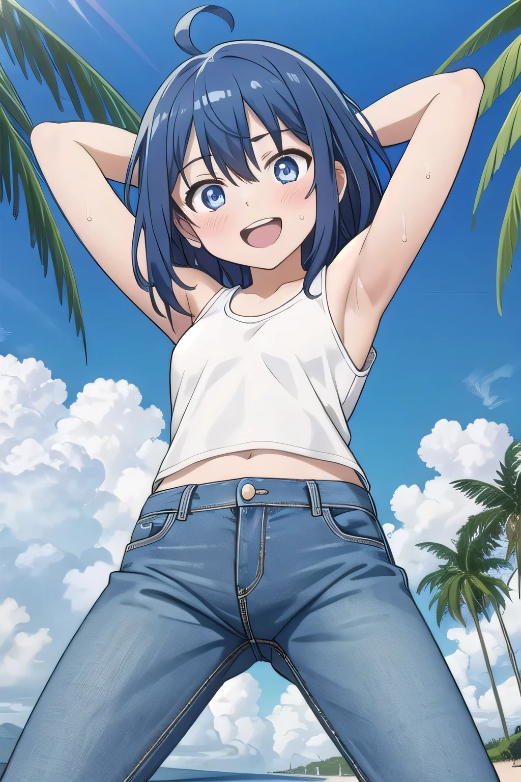masterpiece,best quality,ultra detail, ((Perfect Face, Perfect Arms, Perfect hands, Perfect Fingers)), 1girl, , peti ((round face, ecstasy, orgasm face, drooping eyes, shame smiling, blush)), dropping eyes, sleepy, background((under the beach, (day:1.2), palm tree, bright sky)), Yanami anna, ahoge,medium hair,blue hair,sidelocks,blunt bangs,blue eyes, hair between eyes,parted bangs, blue eyes, arms behind head, contrapposto, spread armpits, looking at viewer,, (white tank top:1.2), (white crop top:1.2), (jeans pants:1.2, flares jeans:1.2, skinny jeans:1.2, blue jeans:1.2), standing, (legs spread:1.2), sex pose, Sweaty crotch, Steam from the crotch, from below, full medium body