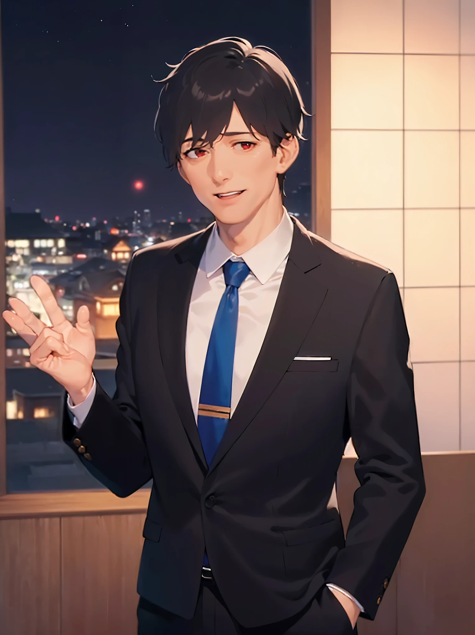 (at night:1.5), Raising hand, masterpiece, high quality, (50 year old man:1.5) and (short black hair) and (red eyes), (suit:1.5) and (blue tie), smile, open mouth, alone, inside a ryokan, standing, 
