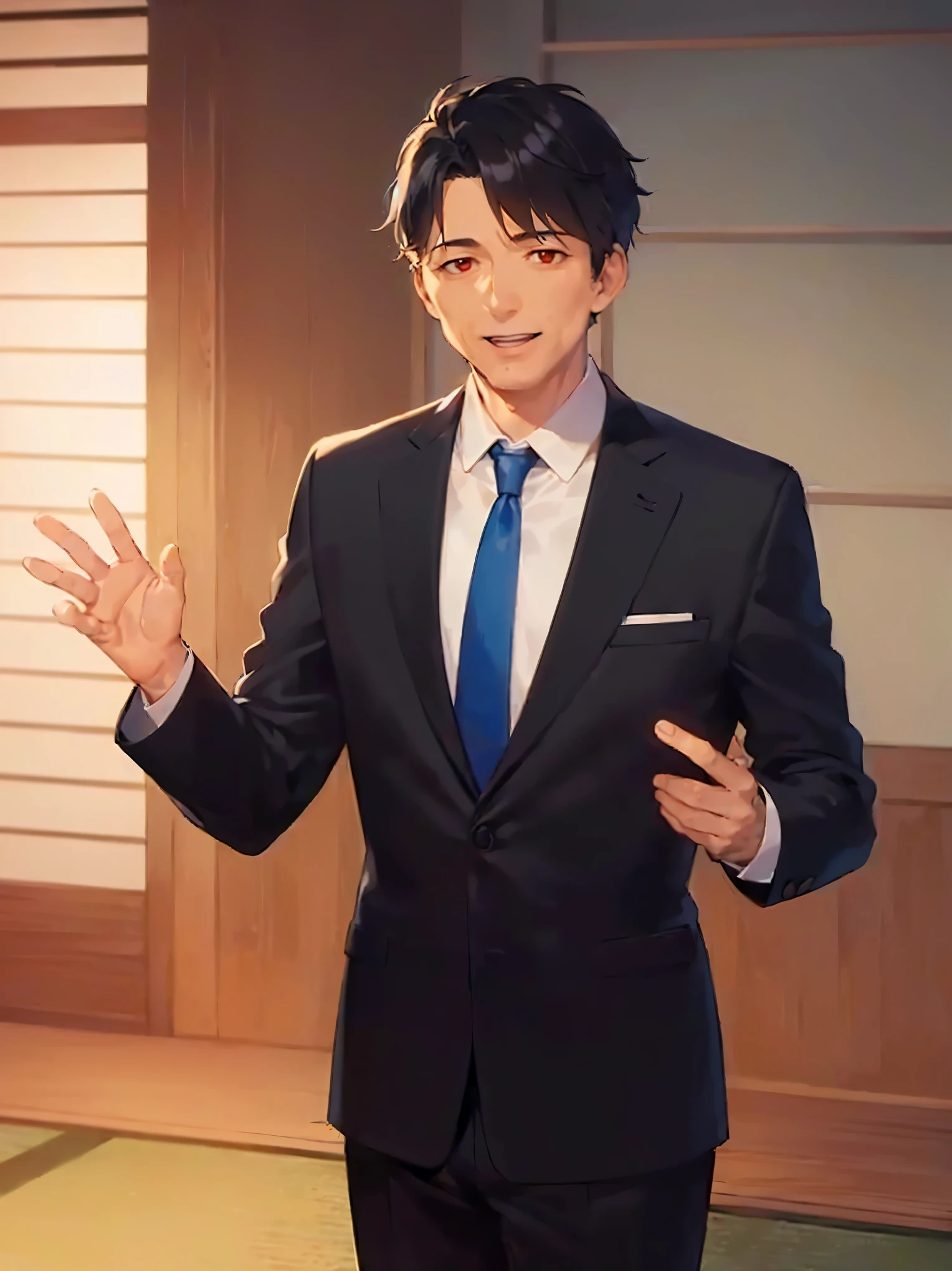 (at night:1.5), Raising hand, masterpiece, high quality, (50 year old man:1.5) and (short black hair) and (red eyes), (suit:1.5) and (blue tie), smile, open mouth, alone, inside a ryokan, standing, 
