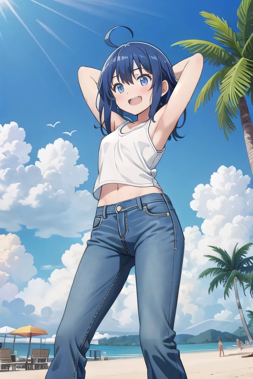 masterpiece,best quality,ultra detail, ((Perfect Face, Perfect Arms, Perfect hands, Perfect Fingers)), 1girl, , peti ((round face, ecstasy, orgasm face, drooping eyes, shame smiling, blush)), dropping eyes, sleepy, background((under the beach, (day:1.2), palm tree, bright sky)), Yanami anna, ahoge,medium hair,blue hair,sidelocks,blunt bangs,blue eyes, hair between eyes,parted bangs, blue eyes, arms behind head, contrapposto, spread armpits, looking at viewer,, (white tank top:1.2), (white crop top:1.2), (jeans pants:1.2, flares jeans:1.2, skinny jeans:1.2, blue jeans:1.2), standing, (legs spread:1.2), sex pose, Sweaty crotch, Steam from the crotch, from below, full medium body