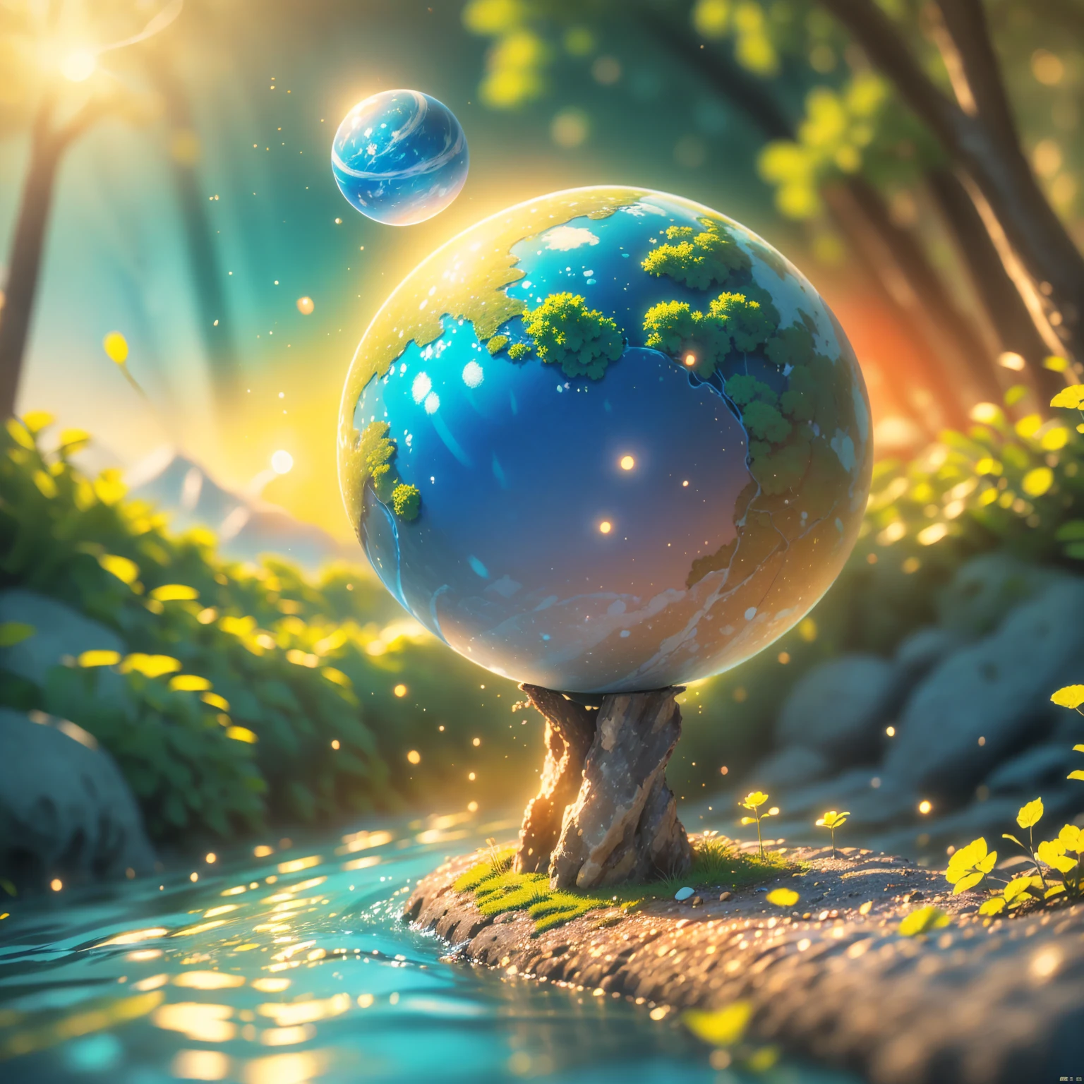 8K quality,(masterpiece:1.3), top quality, detailed images,unmanned,In the mountains(tree々, the petals dance,Riverside,There is a waterfall, fantastic waterfalls, Rock Field,Sandbox),Floating( one small sphere floating(A planet made of water ,Water Planet, Blue Planet ,)),background(universe, golden gradation,Sunset gradation).