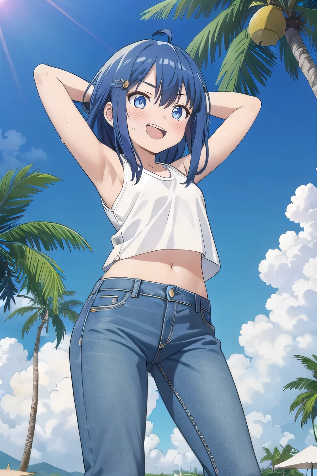 masterpiece,best quality,ultra detail, ((Perfect Face, Perfect Arms, Perfect hands, Perfect Fingers)), 1girl, , peti ((round face, ecstasy, orgasm face, drooping eyes, shame smiling, blush)), dropping eyes, sleepy, background((under the beach, (day:1.2), palm tree, bright sky)), Yanami anna, ahoge,medium hair,blue hair,sidelocks,blunt bangs,blue eyes, hair between eyes,parted bangs, blue eyes, arms behind head, contrapposto, spread armpits, looking at viewer,, (white tank top:1.2), (white crop top:1.2), (jeans pants:1.2, flares jeans:1.2, skinny jeans:1.2, blue jeans:1.2), standing, (legs spread:1.2), sex pose, Sweaty crotch, Steam from the crotch, from below, full medium body