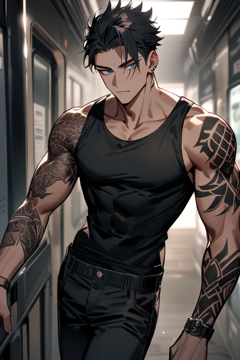 Male. Attractive zombie. Glowing gray eyes. Muscled. Brown hair. Short, spikey hairstyle. Dressed in casual attire.