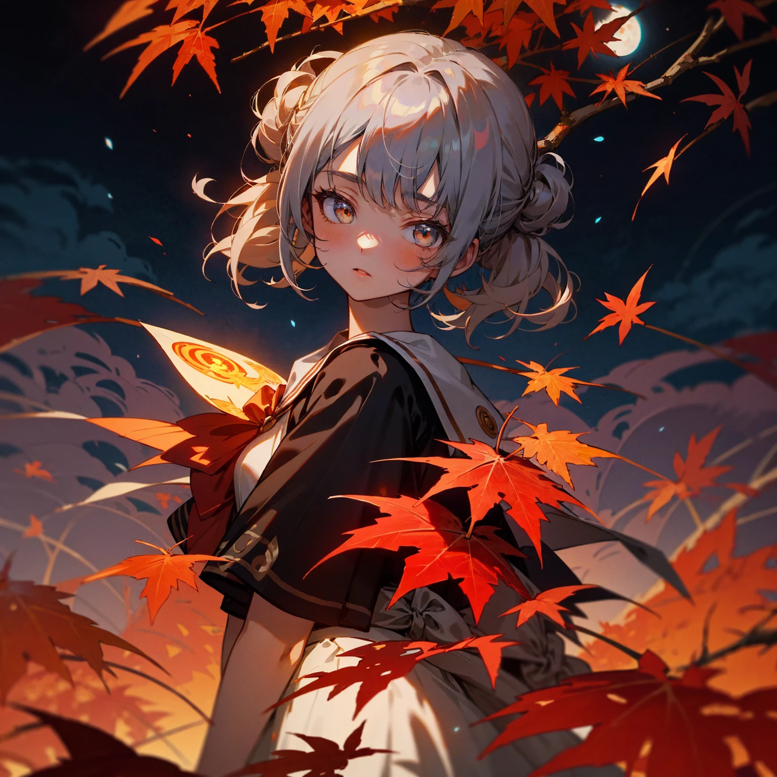 A girl with smoky gray gyaru-style hair tied up stands looking at the mysterious bright blue moon, wearing a cool sailor outfit with maple red pattern, surrounded by a forest of bright red maple leaves at night, magical, colorful, many clear details, unique style.