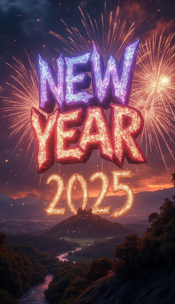  colorful fantasy New Year's poster, magical fireworks, huge and colorful text "New Year 2025", flying dragon between text letters,  detailed digital painting, cinematic lighting, dramatic colors, highly detailed, cinematic, 8k, photorealistic, masterpiece, hkevil, midjourmeyv6.1