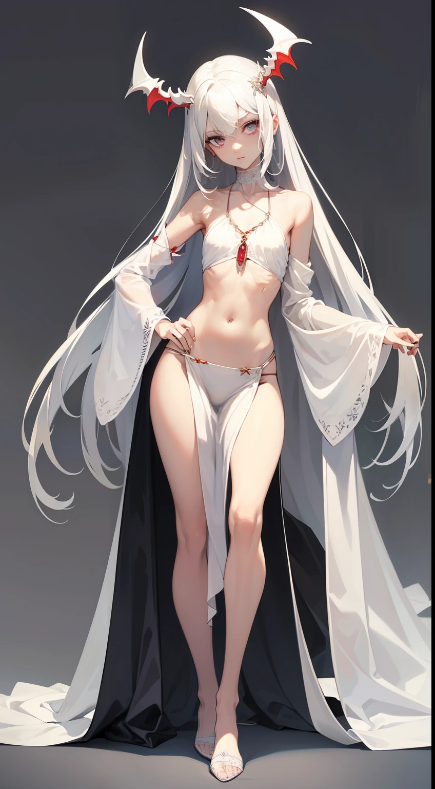 ((best quality)), ((masterpiece)), (detailed), perfect face, Character design, female, long black hair, wearing a white angelic dress with black silver details, white eyes, small frame, very skinny, detailed, best quality, no accesoires around the neck, no shoes, prominent collarbones, skinny arms, flat stomach, visible hip bones, full body, fangs, pale skin, angelic
